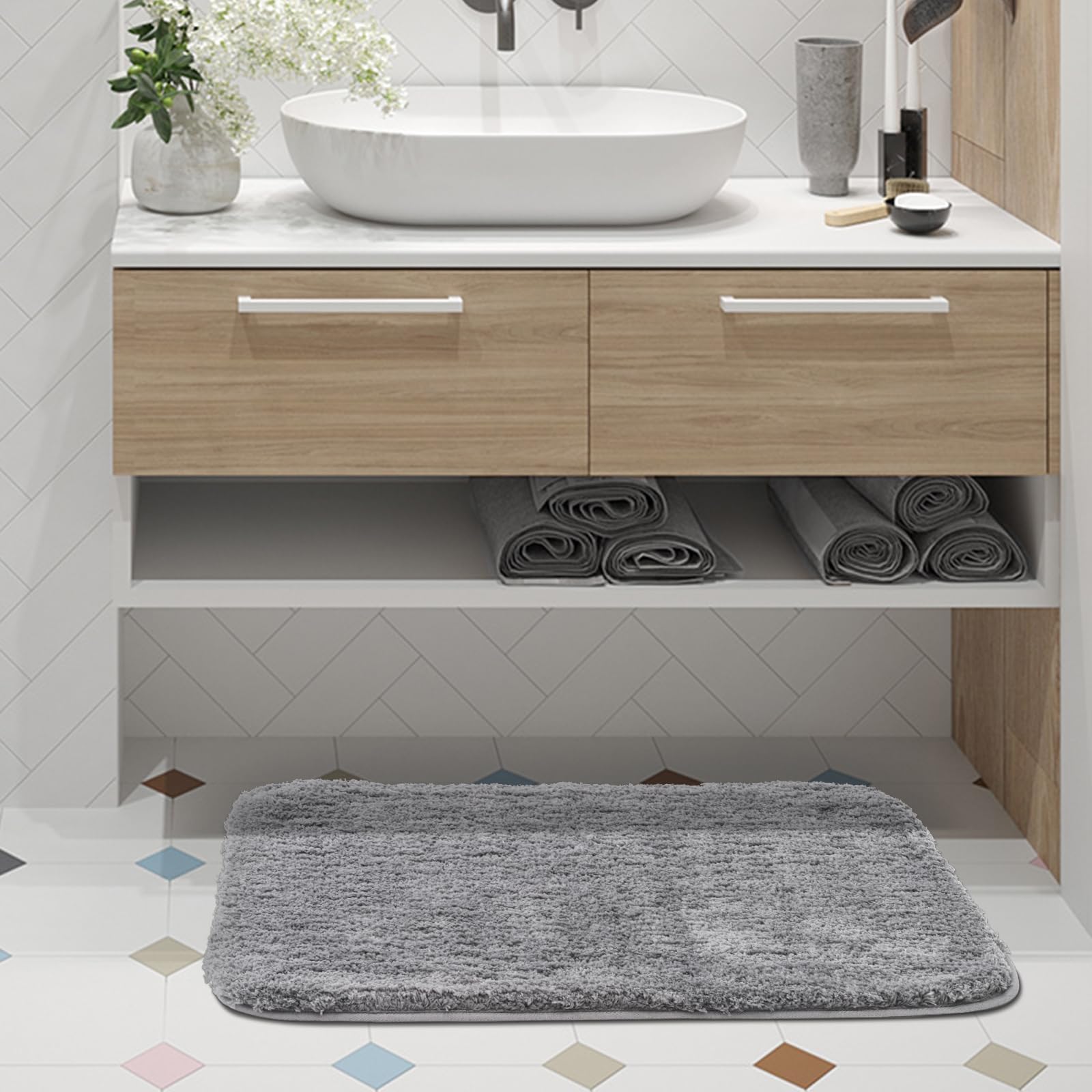 Premium ROSMARUS Shaggy Bath Rug 2032 - Soft Non-Slip Bathroom Mat, Absorbent Microfiber, Gray - Perfect for Bathroom, Shower, Spa & Home Decor
