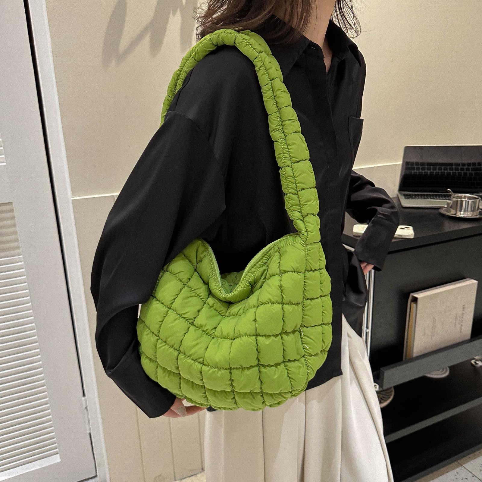 Quilted Puffer Tote Bag for Women - Lightweight Padded Shoulder Bag with Zip, Stylish Hobo Handbag for Work, Travel & Shopping