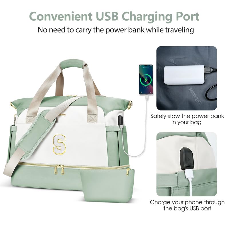 Personalized Monogram Travel Duffel Bag for Women with USB Charging Port & Shoe Compartment - Gym Yoga Weekender Overnight Bag in Beige | Perfect for Workouts, Weekend Getaways & Business Trips