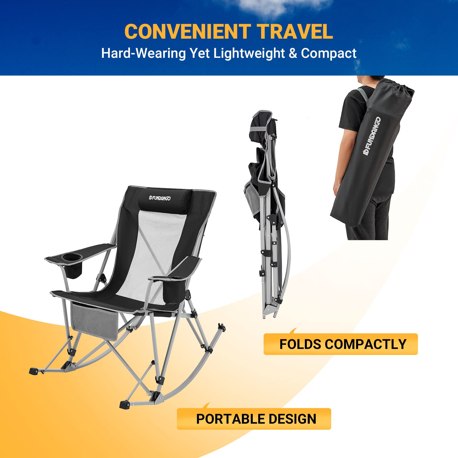 Portable Folding Rocking Chair for Adults - Lightweight Camping Chair for Outdoor, Beach, Travel, Picnic & Patio - Comfortable Foldable Rocker for Relaxing in Backyard, Garden or Lakeside (BlackGrey)