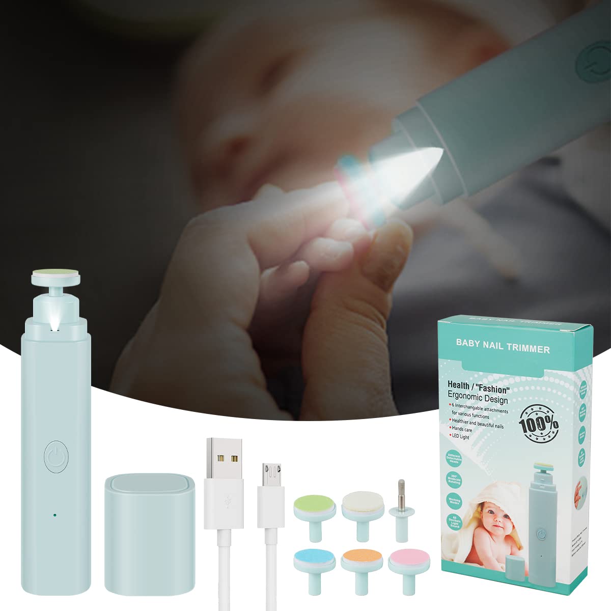 Kuphy Electric Baby Nail Trimmer - Rechargeable LED Nail Clipper with 6 Grinding Heads for Infants & Adults | Safe Portable Nail File for Toenails & Fingernails | Perfect for Newborn Care, Travel & Home Manicure/Pedicure