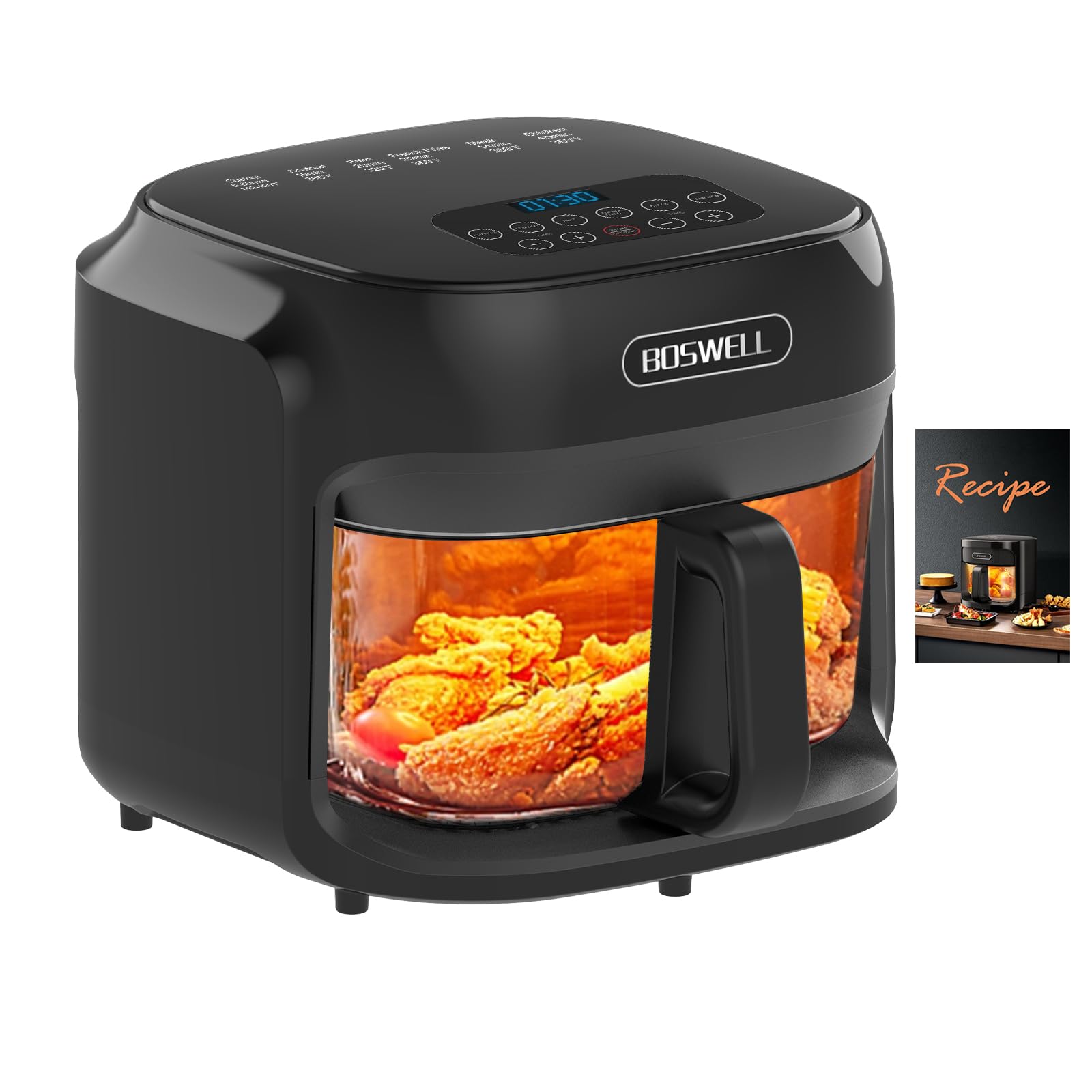 BOSWELL 7.5QT Glass Air Fryer with Transparent Basket - Digital Temperature Control, 360° Rapid Air Circulation, Stainless Steel Design - Dishwasher Safe for Easy Cleaning - Perfect for Family Dinners, Healthy Snacks & Crispy Fried Foods (Black)