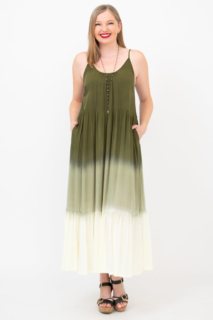 Boho Green Dip Dye Maxi Dress for Women - Flowy Summer Beach Dress for Vacation, Music Festivals & Outdoor Events