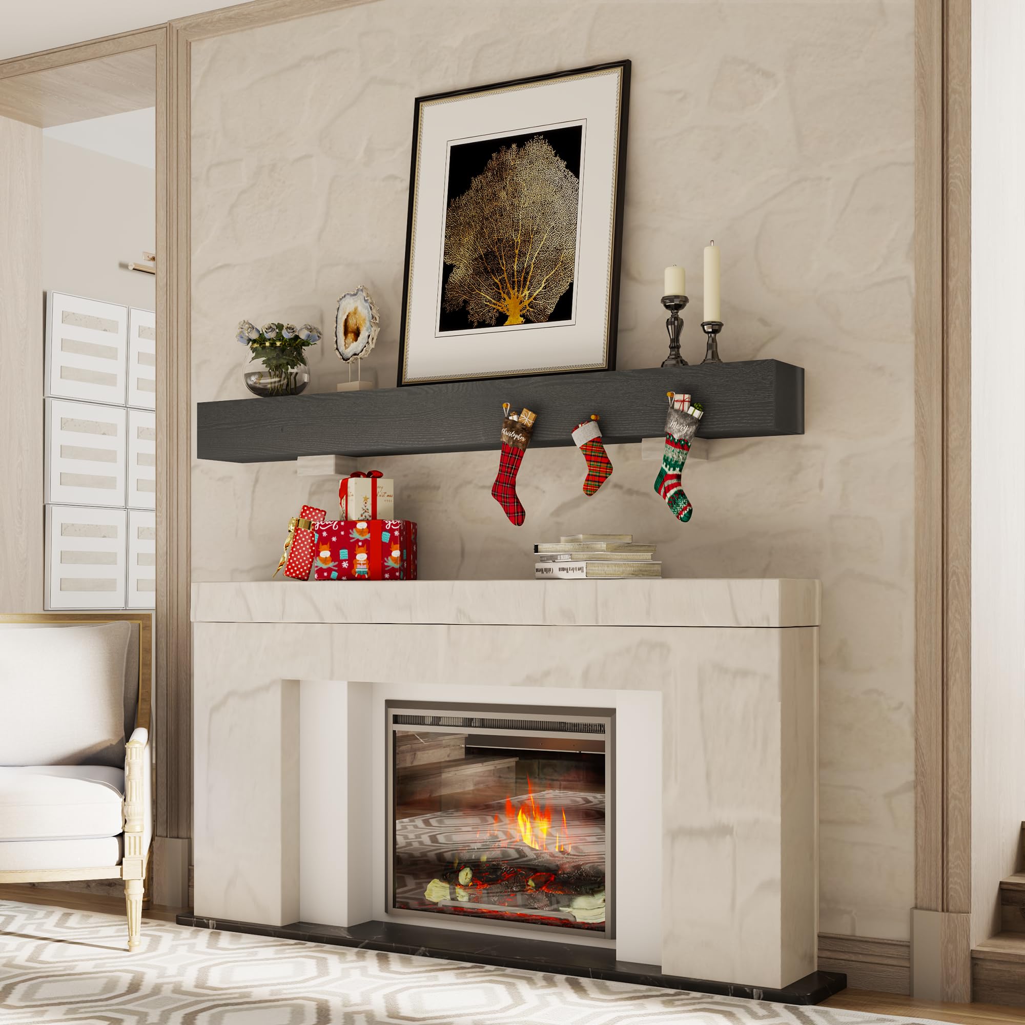 60 Inch Floating Fireplace Mantel Shelf - Rustic Wood Wall Mounted Display Shelf for Home Decor - Farmhouse & Traditional Style - 60