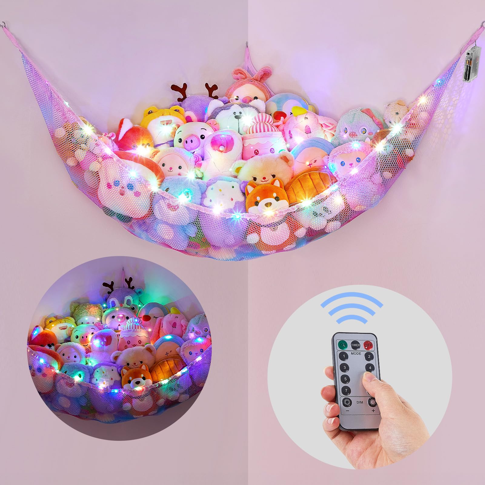 **Basumee LED Stuffed Animal Hammock with Remote Control - 8 Color Changing Lights, Hanging Toy Storage Net for Kids Room & Nursery - Perfect for Organizing Plush Toys, Stuffed Animals & Soft Toys**