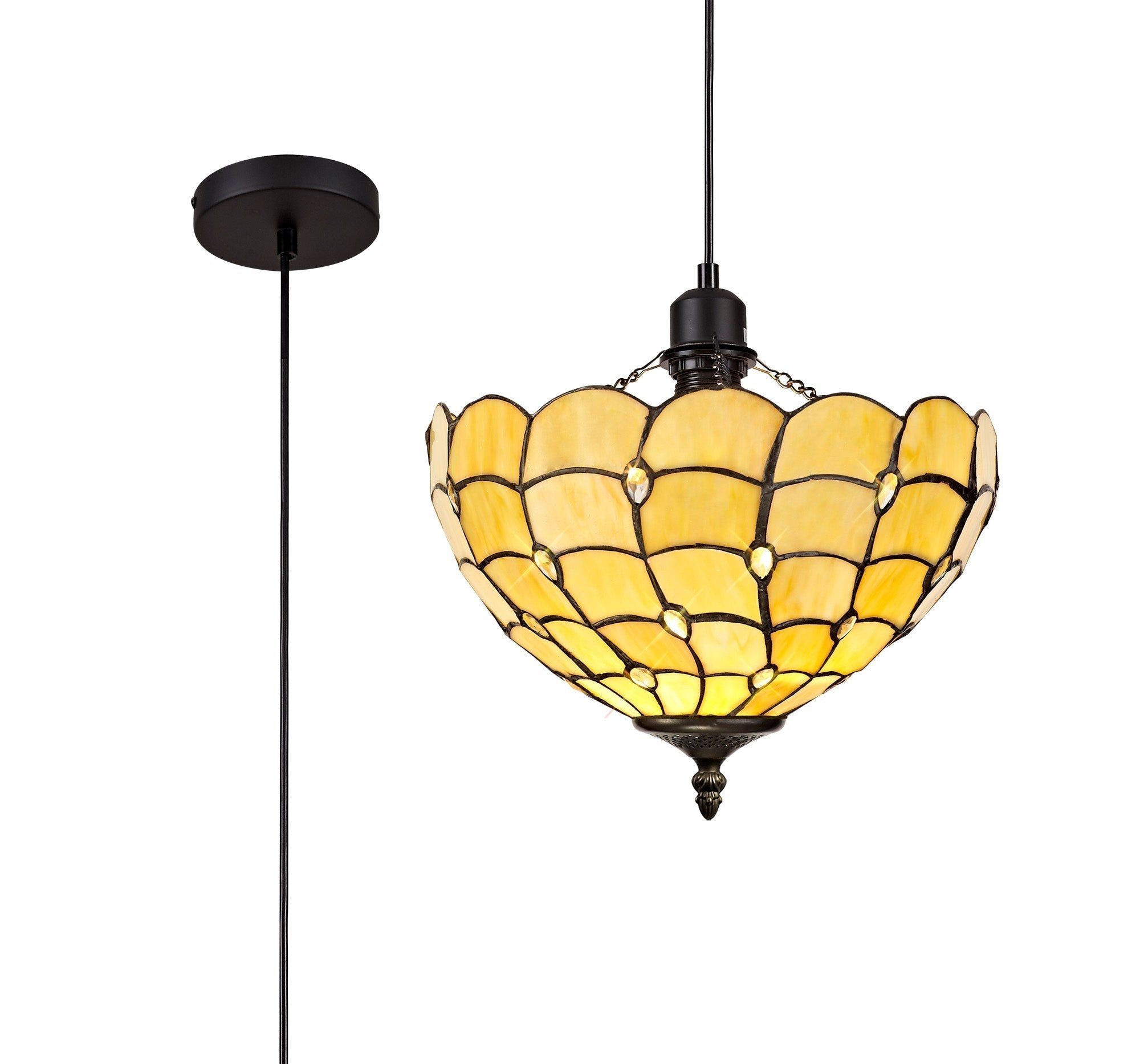 Aero 1 Light Downlighter Pendant with E27 Socket & 30/40/50cm Tiffany Shade - Beige, Clear Crystal, or Aged Antique Brass Finish | Perfect for Dining Room, Bedroom, or Living Room Lighting