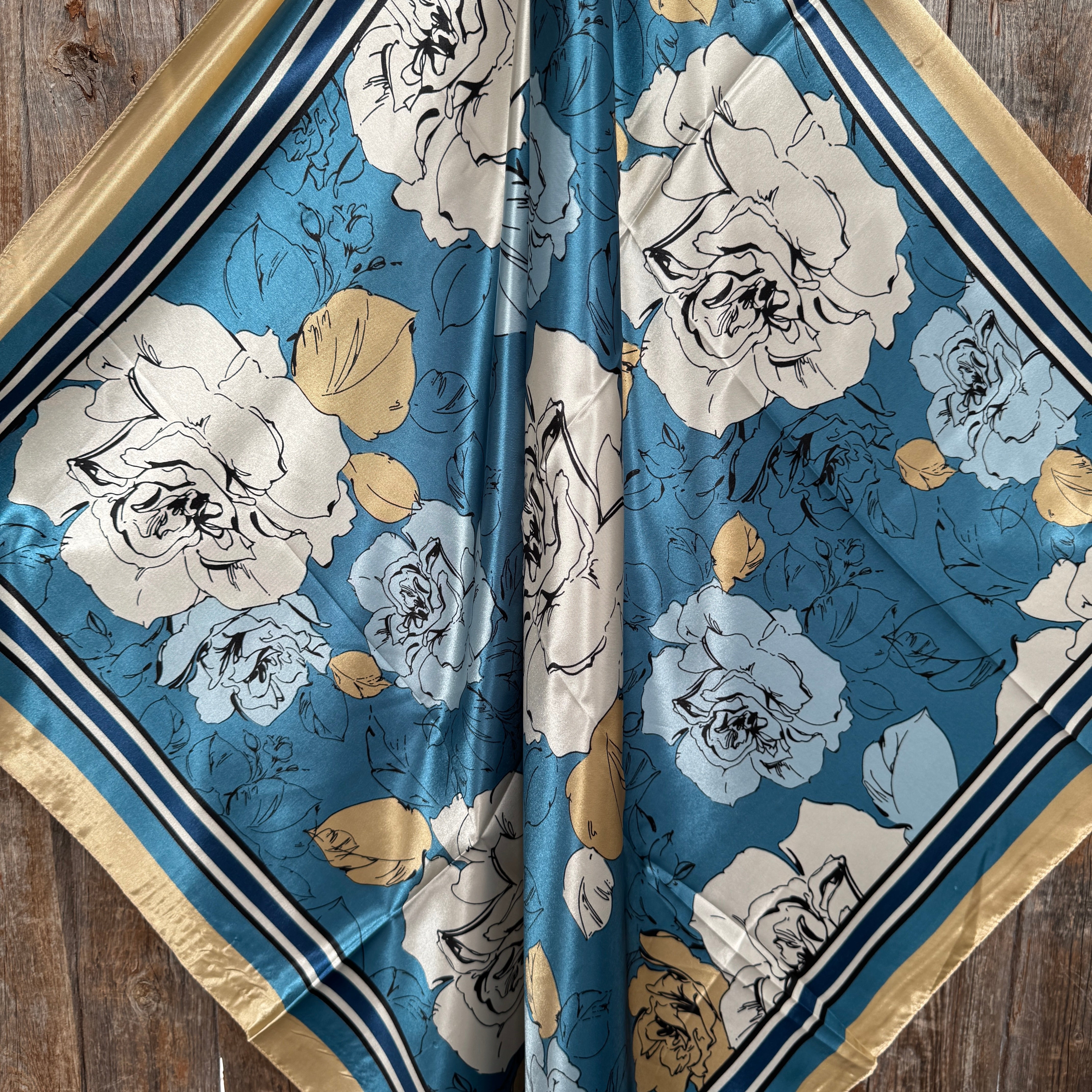 35X35 Blue and Cream Roses Wild Scarf WR3396 - Stylish Bandana for Cowboy, Cowgirl, and Western Fashion Accessories - Perfect for Rodeo, Horse Riding, and Outdoor Adventures