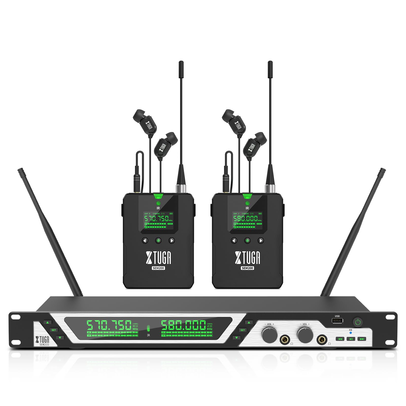 XTUGA SEM200 Professional 2-Channel UHF Wireless In-Ear Monitor System with 230ft Range - 2 Bodypacks + 1 Transmitter for Live Performances, Church Worship & Studio Recording