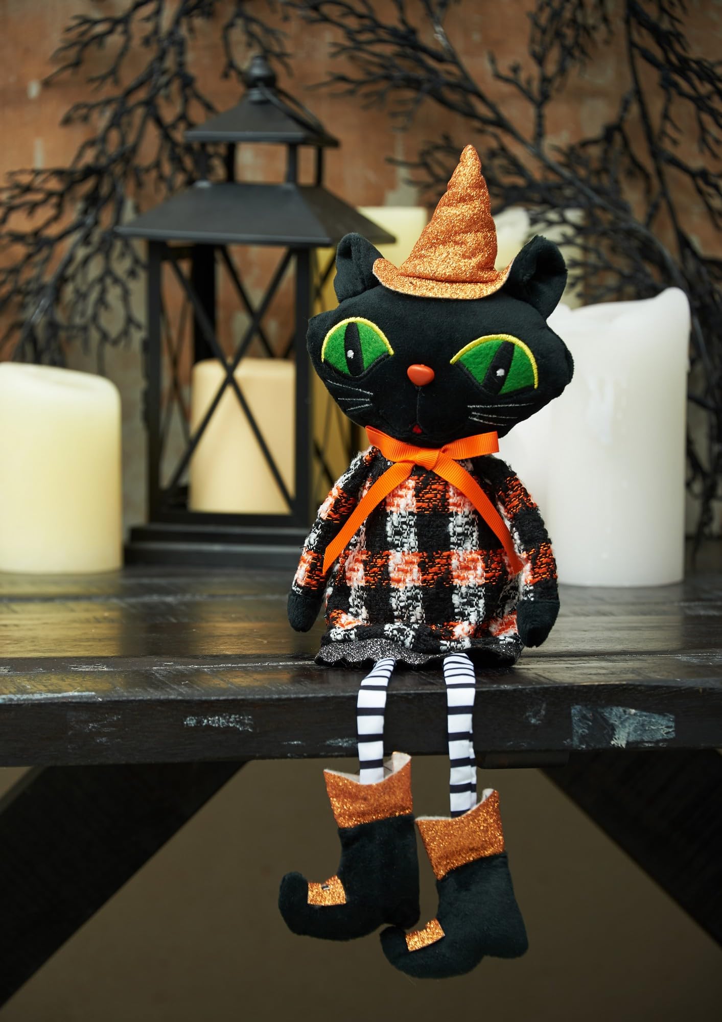 GALLERIE II Halloween Black Cat Shelf Sitter - Handcrafted Decorative Figurine with Dangling Legs for Fall Harvest Home Décor | Perfect for Fireplace Mantle, Living Room, End Table & Seasonal Display