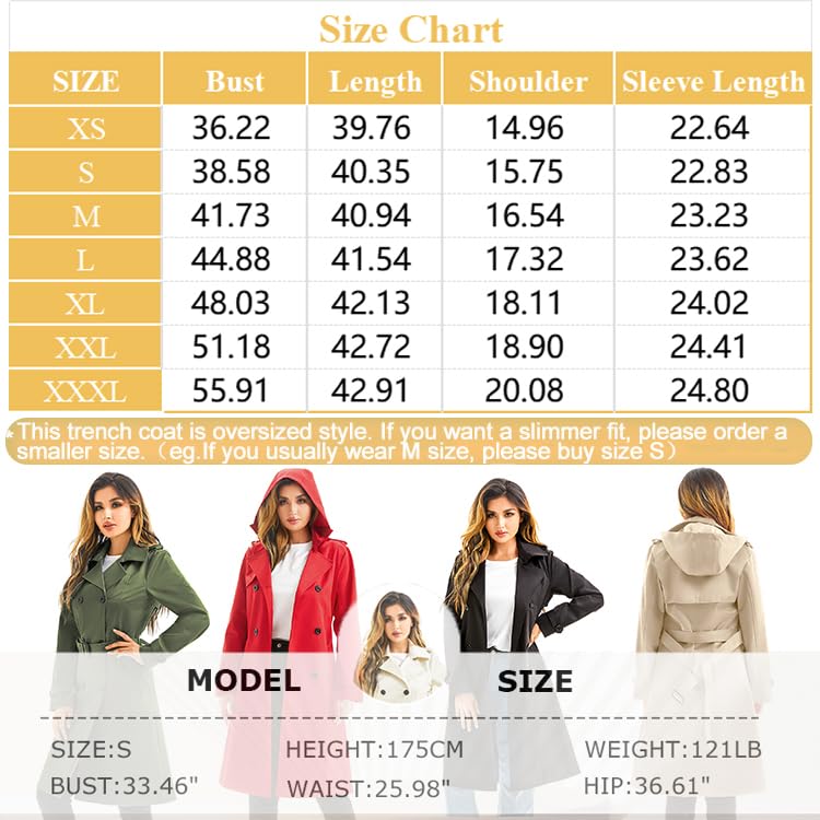 Garemcy Women's Waterproof Trench Coat - Double Breasted Long Raincoat with Detachable Hood & Belt, Classic Lapel Design for Office, Travel & Outdoor Activities