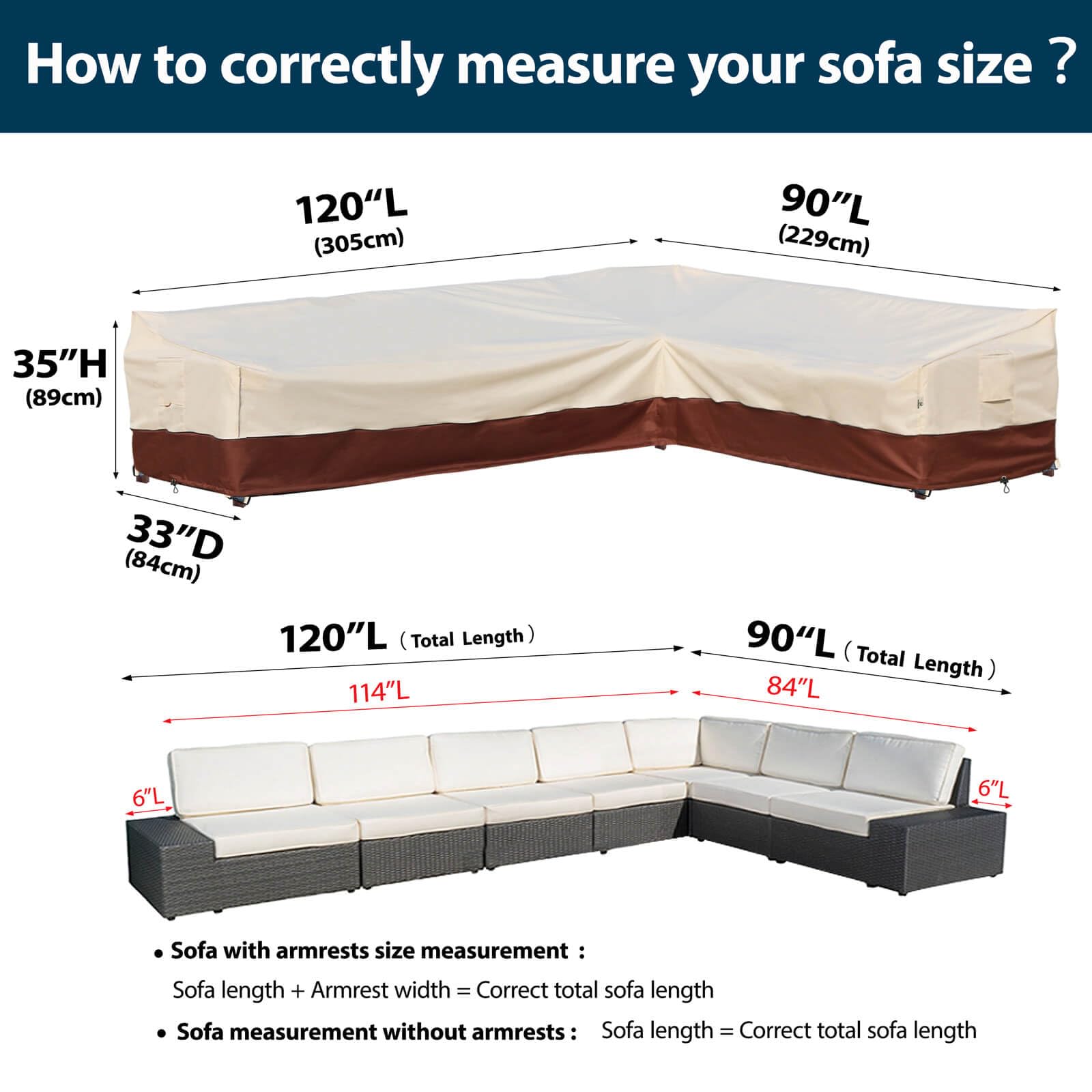 Waterproof 600D Heavy Duty L-Shaped Outdoor Sectional Sofa Cover - Rip-Stop Anti-UV Patio Furniture Protector with 3 Air Vents (120