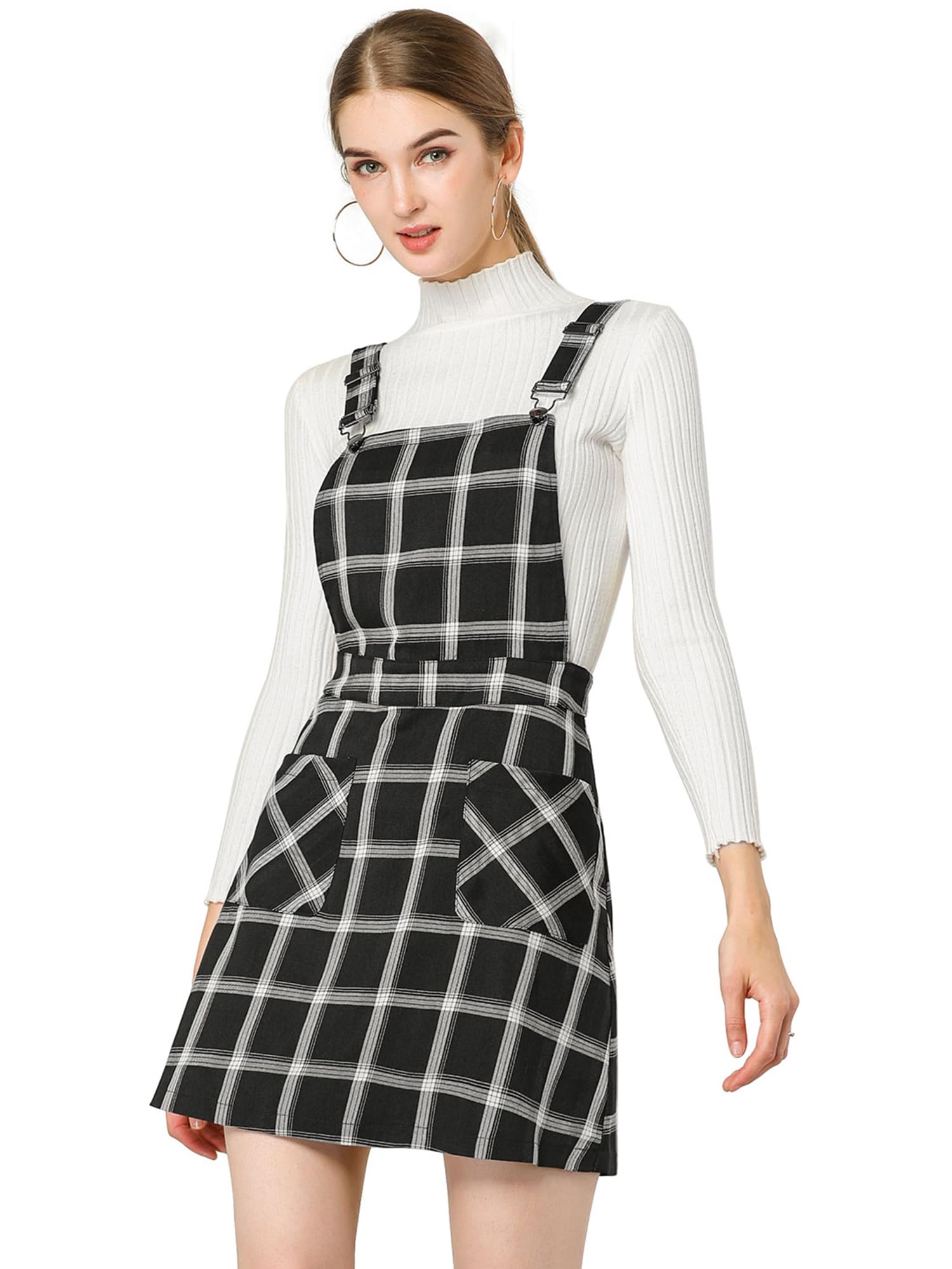 Allegra K Women's Adjustable Strap Plaid Print Overalls Dress - Stylish Suspender Skirt Above Knee for Casual Outings & Spring Fashion