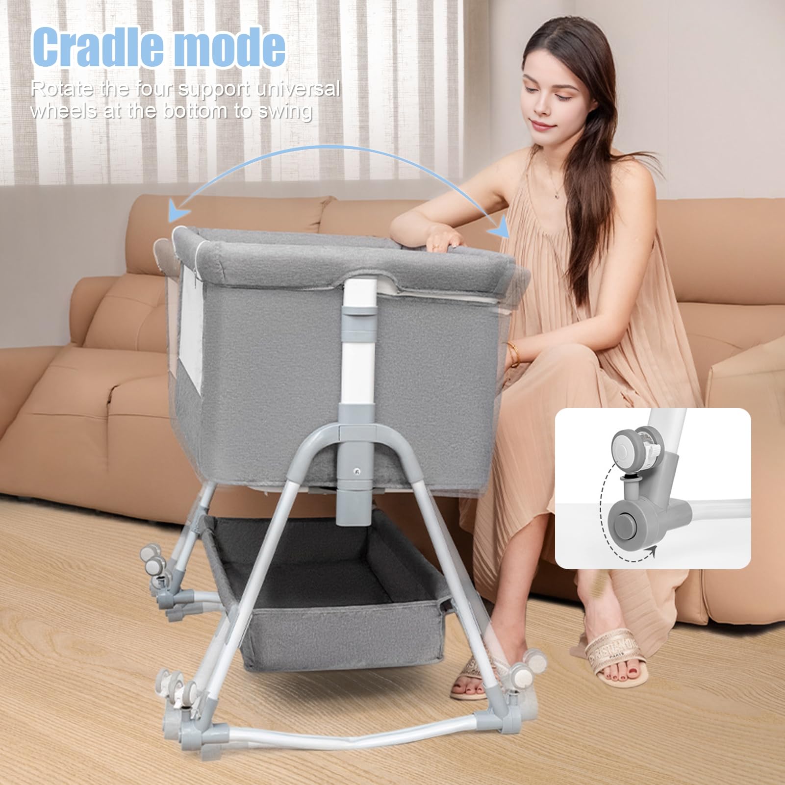 3-in-1 Adjustable Baby Bedside Crib with Mosquito Net - Convertible Bassinet, Large Curvature Cradle & Height-Adjustable Design for Newborns - Perfect for Co-Sleeping, Nursery & Bedroom Safety (Grey)