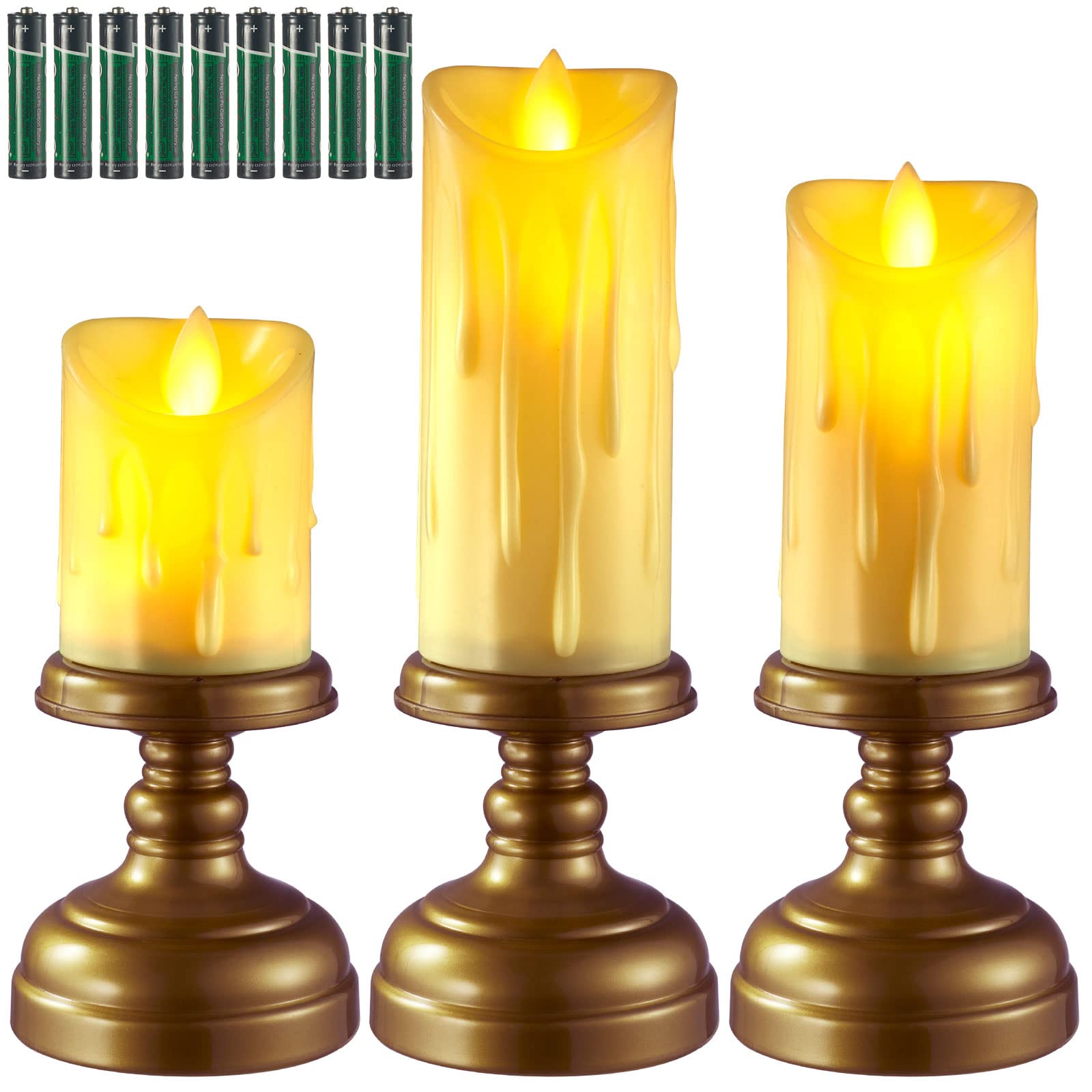 Flameless LED Pillar Candles - Battery Operated Thanksgiving Electric Candles with Realistic Flickering Flame, Set of 3 (Batteries Included) - Large Gold for Home Decor, Wedding Centerpieces & Holiday Lighting