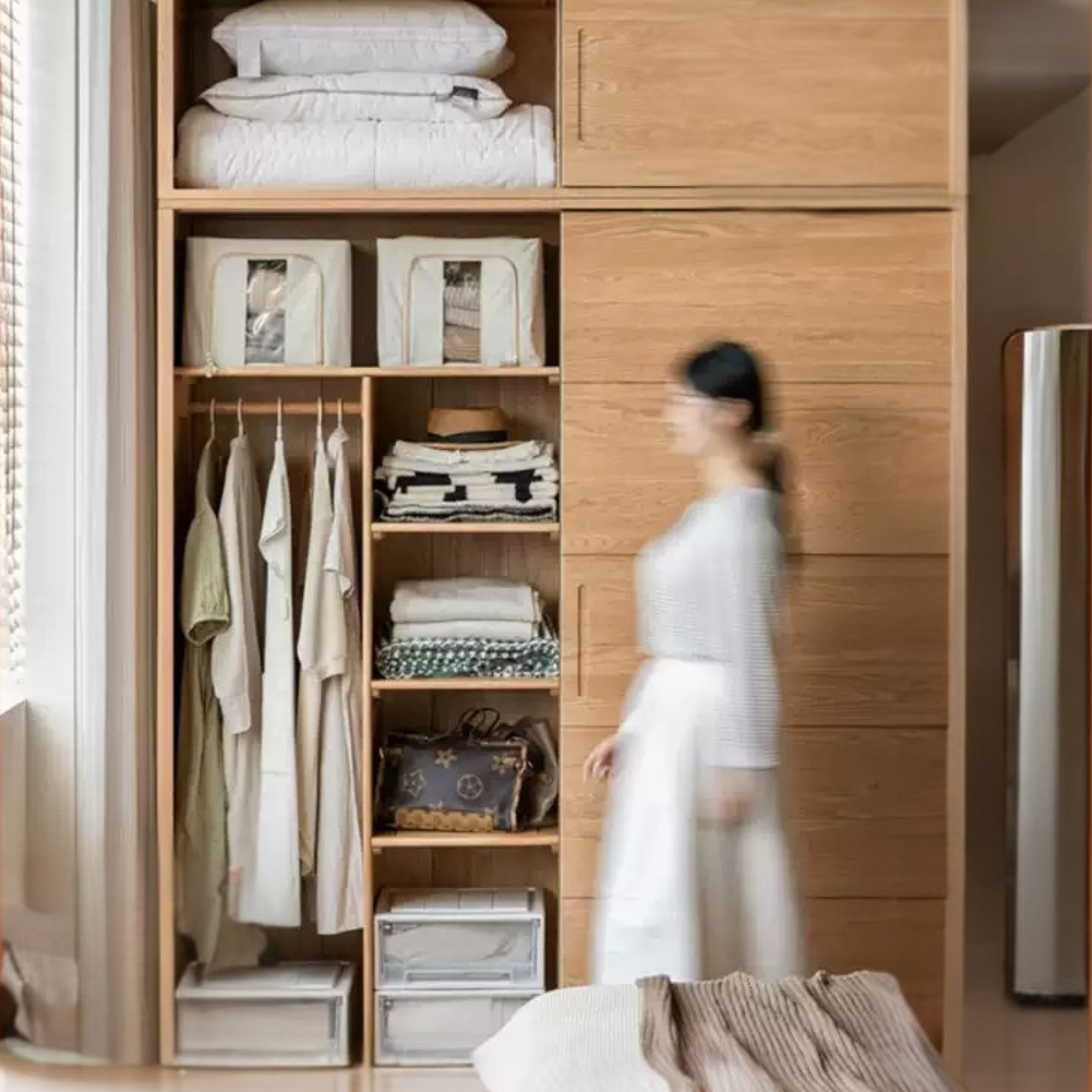Solid Oak Wood Sliding Door Wardrobe Closet - Modern & Durable Storage for Bedroom, Living Room, or Walk-In Closet Organization
