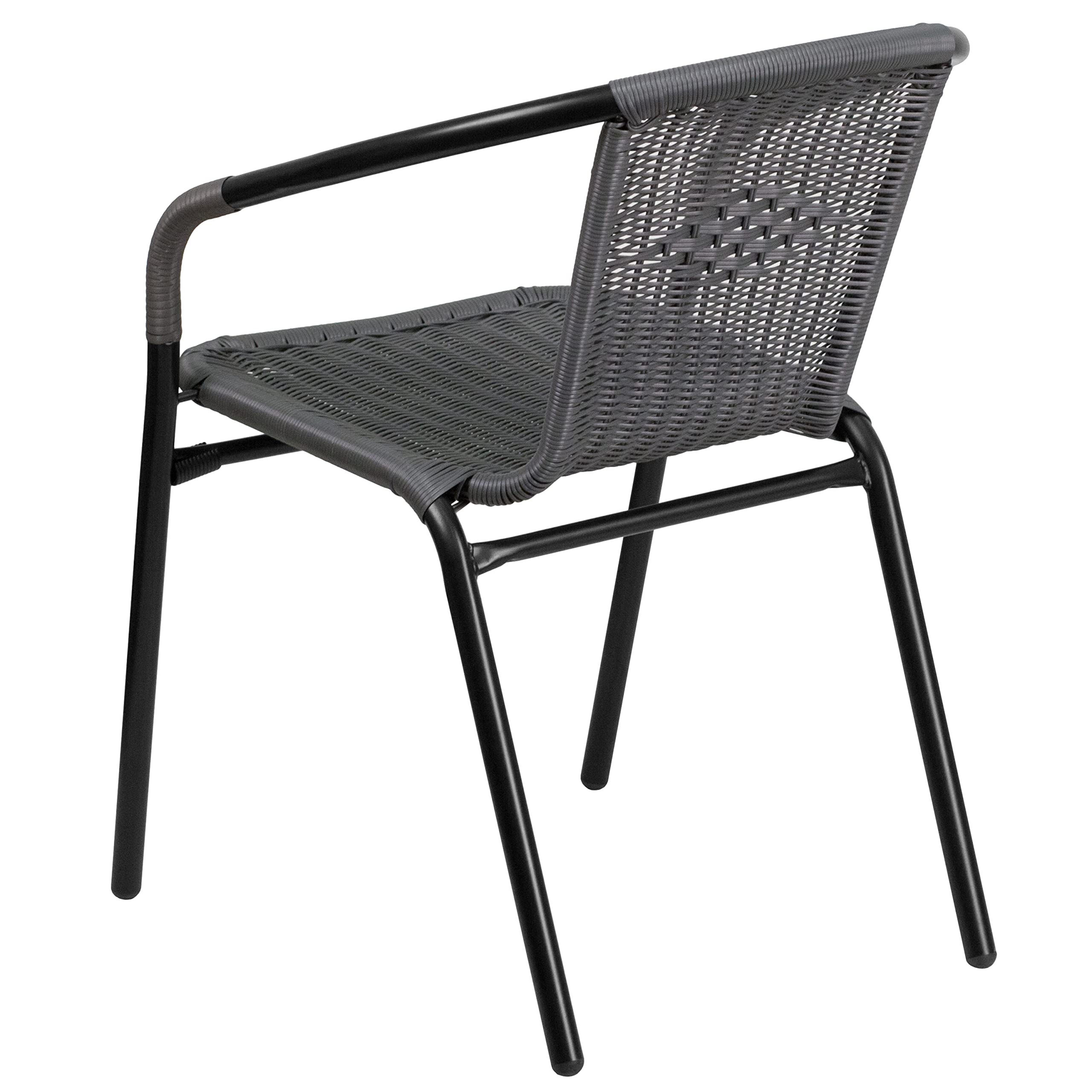 Flash Furniture 3-Piece Outdoor Dining Set - Round Glass Top Metal Table with 2 Stackable Wicker Chairs, Gray Bistro Set for Patio, Garden, Balcony & Backyard Relaxation