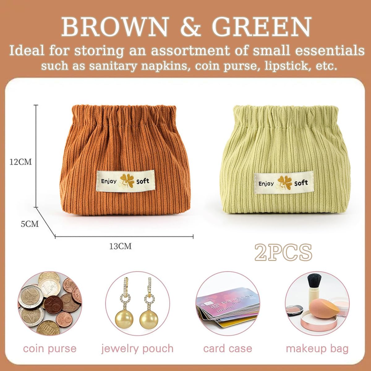 2 Pack Small Corduroy Pouches for Women & Girls - Mini Travel Makeup Bag, Coin Purse, Lipstick & Jewelry Organizer - Squeeze-Open Cosmetic Storage Bag for Hair Accessories (Coffee & Green) - Perfect for Travel, Daily Use & Gift Giving