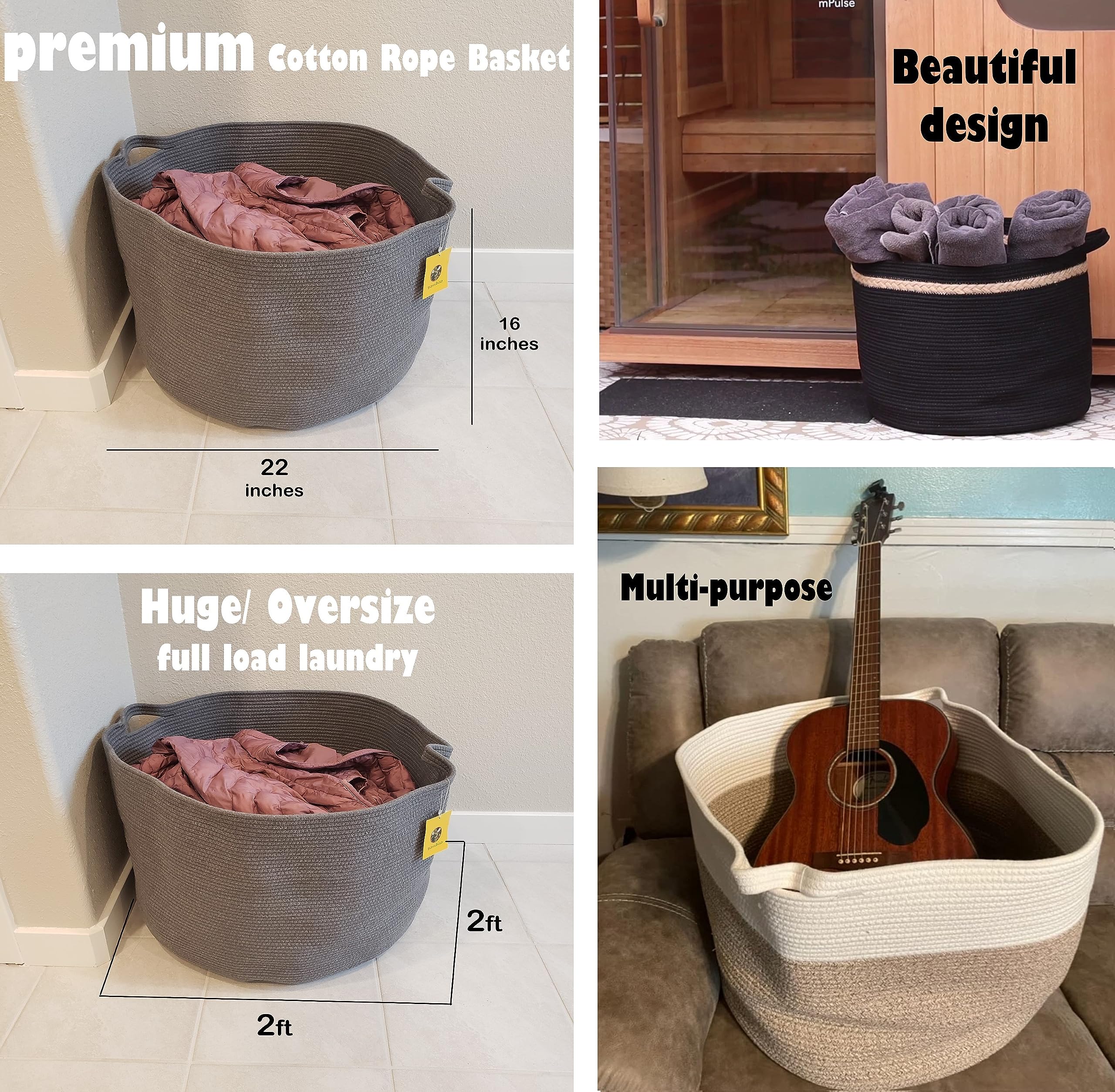 Large Cotton Rope Storage Basket 22x22x16 Inches - Blanket Organizer, Laundry Hamper, Toy Bin, Nursery Decor | Perfect for Home Organization, Baby Room & Living Space (Dark Brown)