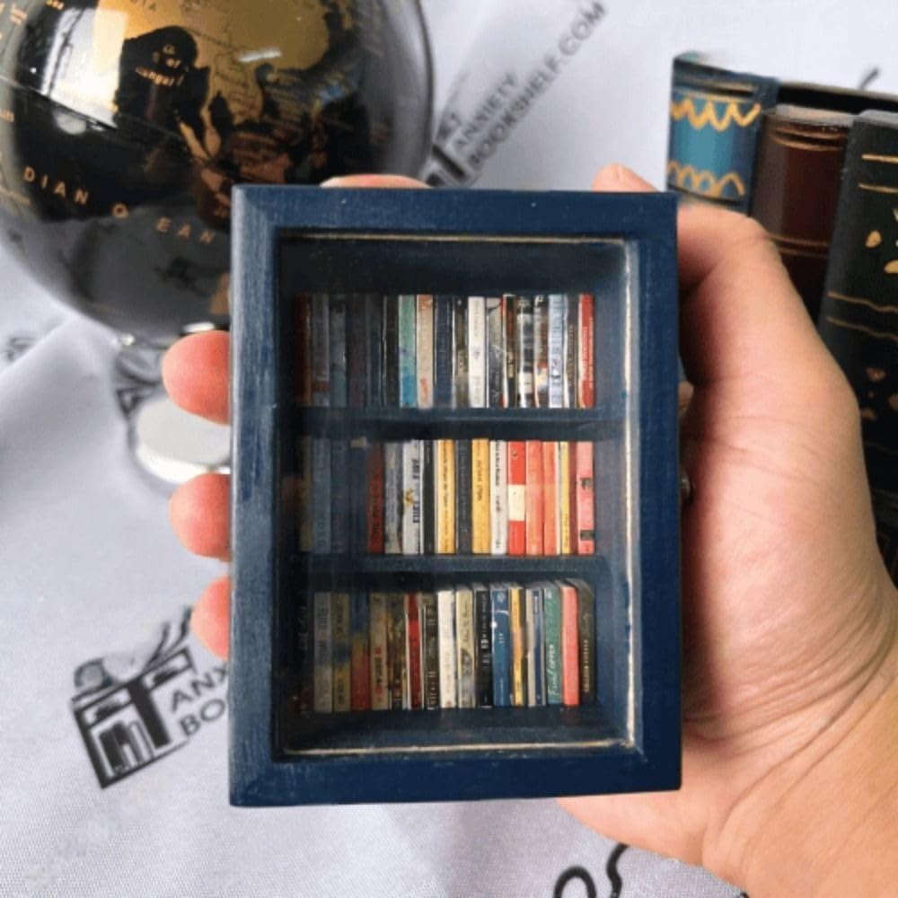 4 Inch Mini Pocket Anxiety Bookshelf - Stress Reliever with 60 Miniature Book Matchboxes - Display Case Cabinet Decor for Book Lovers - Small Blue Shelf - Perfect for Office Desk, Bookshelf Decoration & Unique Gift Idea