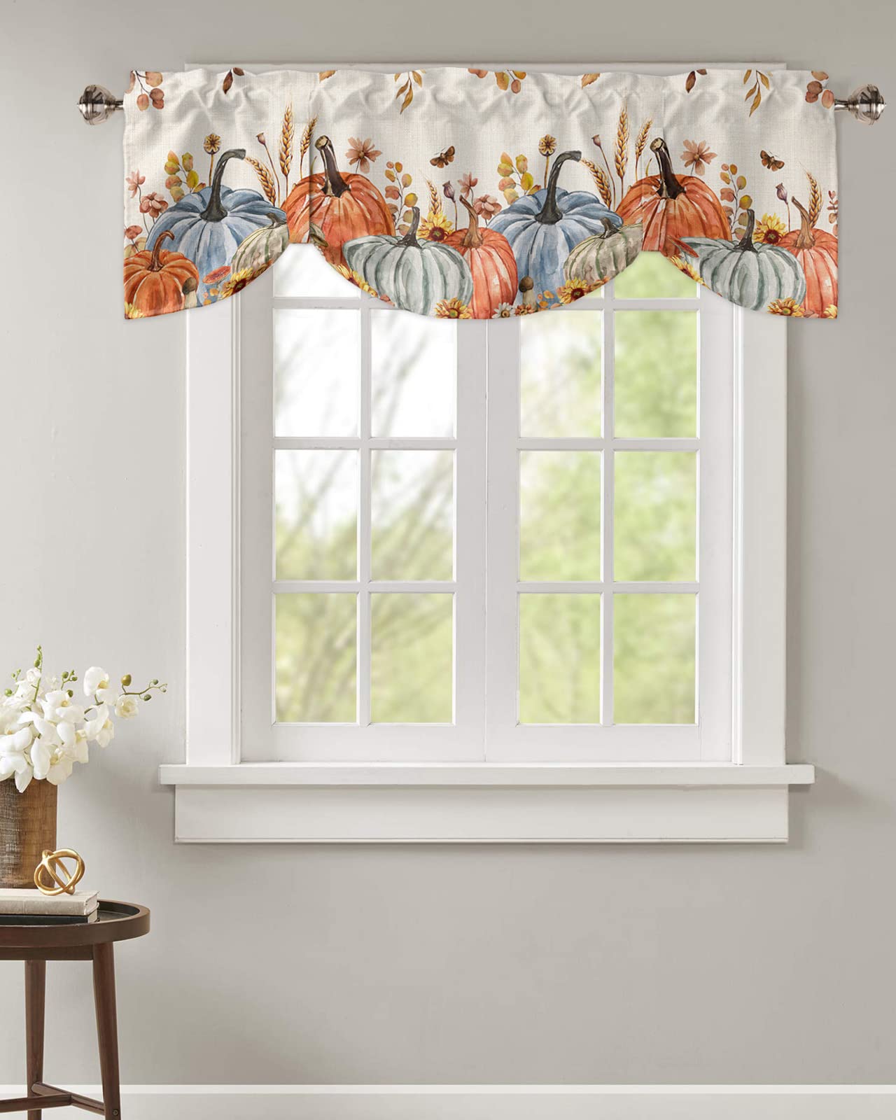 Fall Harvest Thanksgiving Kitchen Window Valances - Autumn Pumpkin, Butterfly & Leaves Burlap Rod Pocket Curtains (42