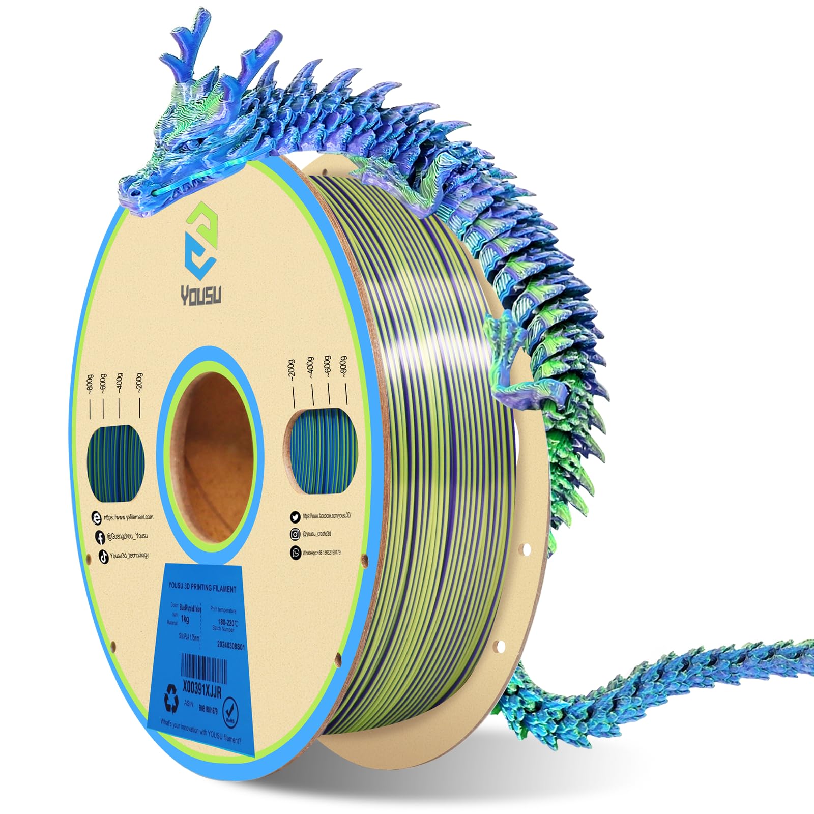 Premium 3D Printer Filament - Tri-Color PLA 1.75mm, Silk Rainbow PLA Filament (Blue-Purple-Yellow) for Smooth 3D Printing | High Precision +/-0.02mm | 1kg Spool | Perfect for Cosplay Props, Home Decor & DIY Projects