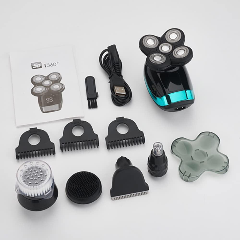 5-in-1 Electric Razor for Men - Bald Head Shaver with LED Display, Nose Hair & Beard Trimmer, Facial Cleansing Brush, USB Rechargeable - Perfect for Travel, Gym & Daily Grooming Routine