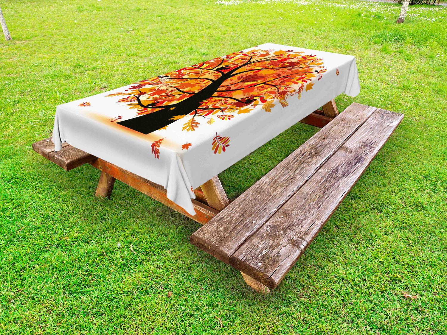 Ambesonne Fall Outdoor Tablecloth - Curvy Tree with Falling Leaves Cartoon Design, Washable Picnic Table Cover 58x120 Inches in Yellow Orange Black - Perfect for Autumn Parties, Thanksgiving Decor & Outdoor Dining