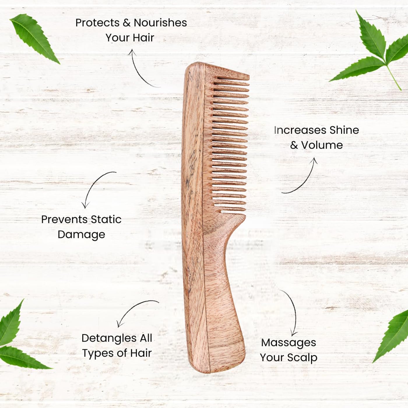 KAVIN Anti-Bacterial Wooden Neem Comb for Kids, Men & Women – Natural Hair Care & Scalp Massage – Pack of 1 | Perfect for Daily Use, Travel & Gentle Detangling