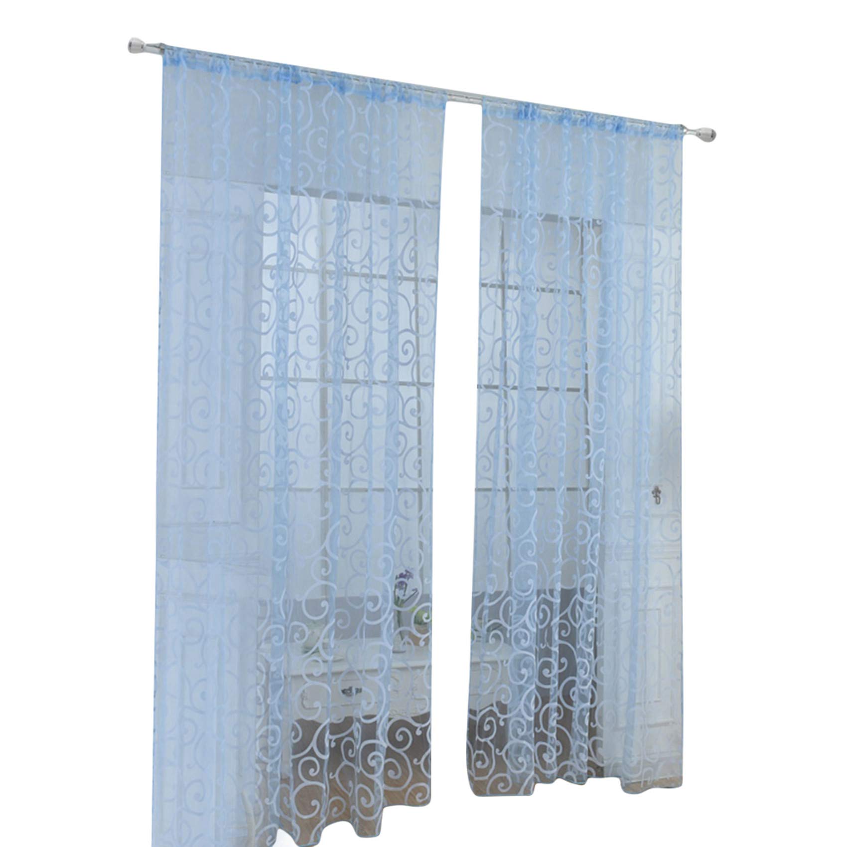 SOURBA Flocking Voile Window Sheer Curtains - Sky Blue Light Filtering Drapes for Bedroom & Living Room - Elegant Valance Panel for Home Decor & Privacy