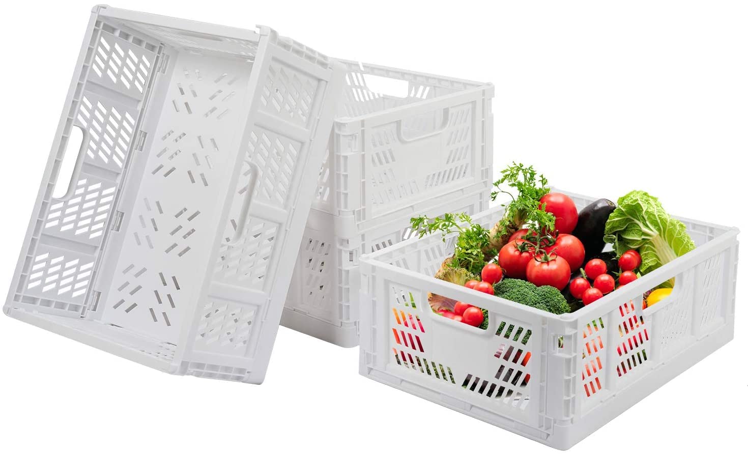 4 Pack Plastic Folding Storage Shelf Baskets - Stackable Collapsible Storage Crates with Handles for Home Organization | Perfect for Kitchen Pantry, Bedroom Closet, Bathroom & Office Supplies Storage