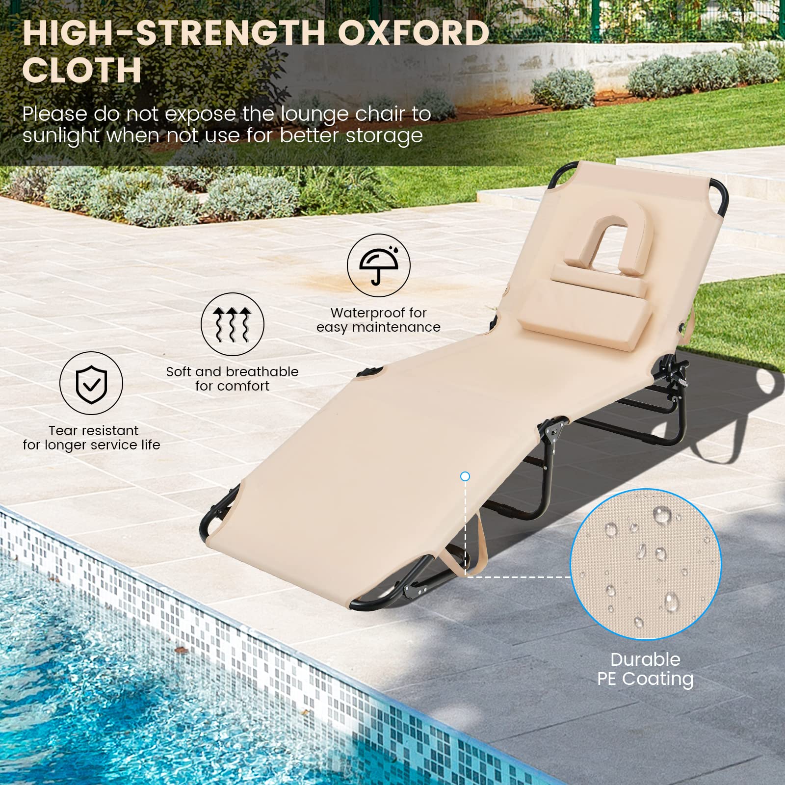 GYMAX 350lbs Heavy Duty Tanning Chair with Face Hole - Adjustable Folding Chaise Lounge for Beach, Poolside, Patio - Includes Washable Pillow & Carry Strap - Perfect for Sunbathing, Relaxing Outdoors, Backyard Lounging (Beige, 2-Pack)