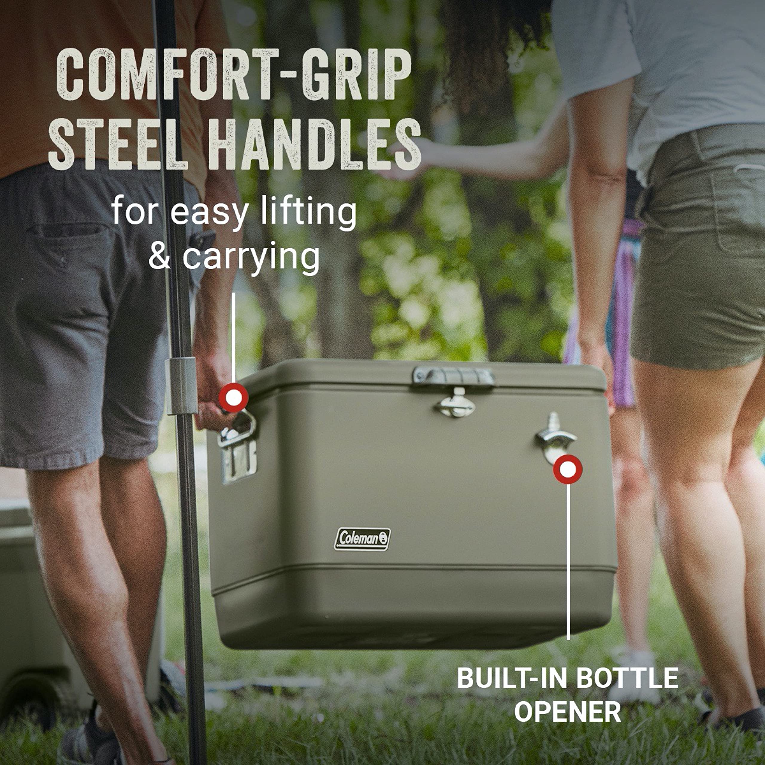 Coleman Reunion Premium Insulated 54-Quart Portable Cooler - Leakproof Steel Belted Design with Heavy-Duty Latch, Comfort Handles & Built-in Drain - Perfect for Camping Trips, Beach Outings, Tailgate Parties, Picnics & Outdoor Adventures | Keeps Drinks Cold for Days