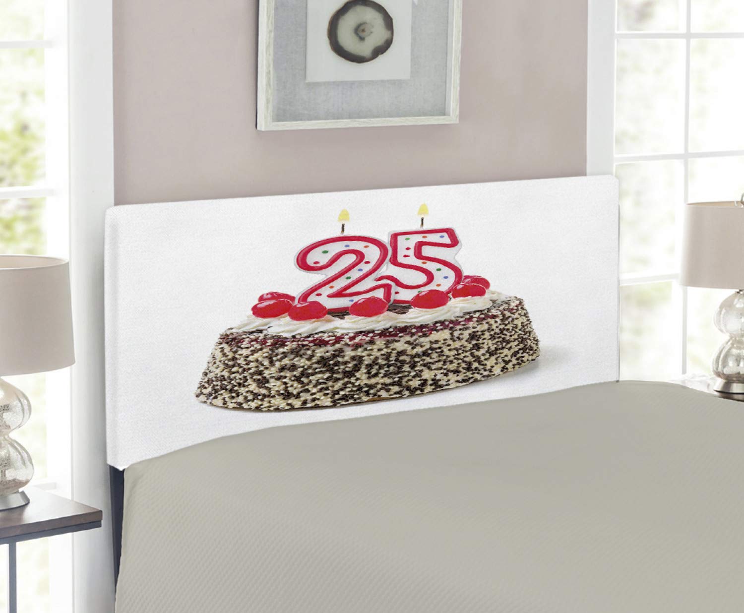 Ambesonne 25th Birthday Headboard - Twin Size Upholstered Metal Bed Frame with Memory Foam | Number 25 Candles & Chocolate Cherry Cake Art Print in Red, Cream & Brown | Perfect for Birthday Decorations & Bedroom Makeovers
