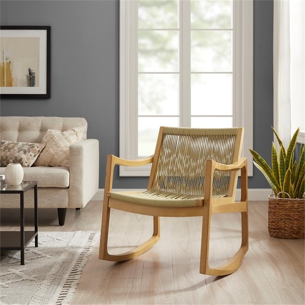 Natural Brown Linon Woven Wood and Rope Rocking Chair - Comfortable Patio, Porch or Nursery Seating for Relaxing Outdoors