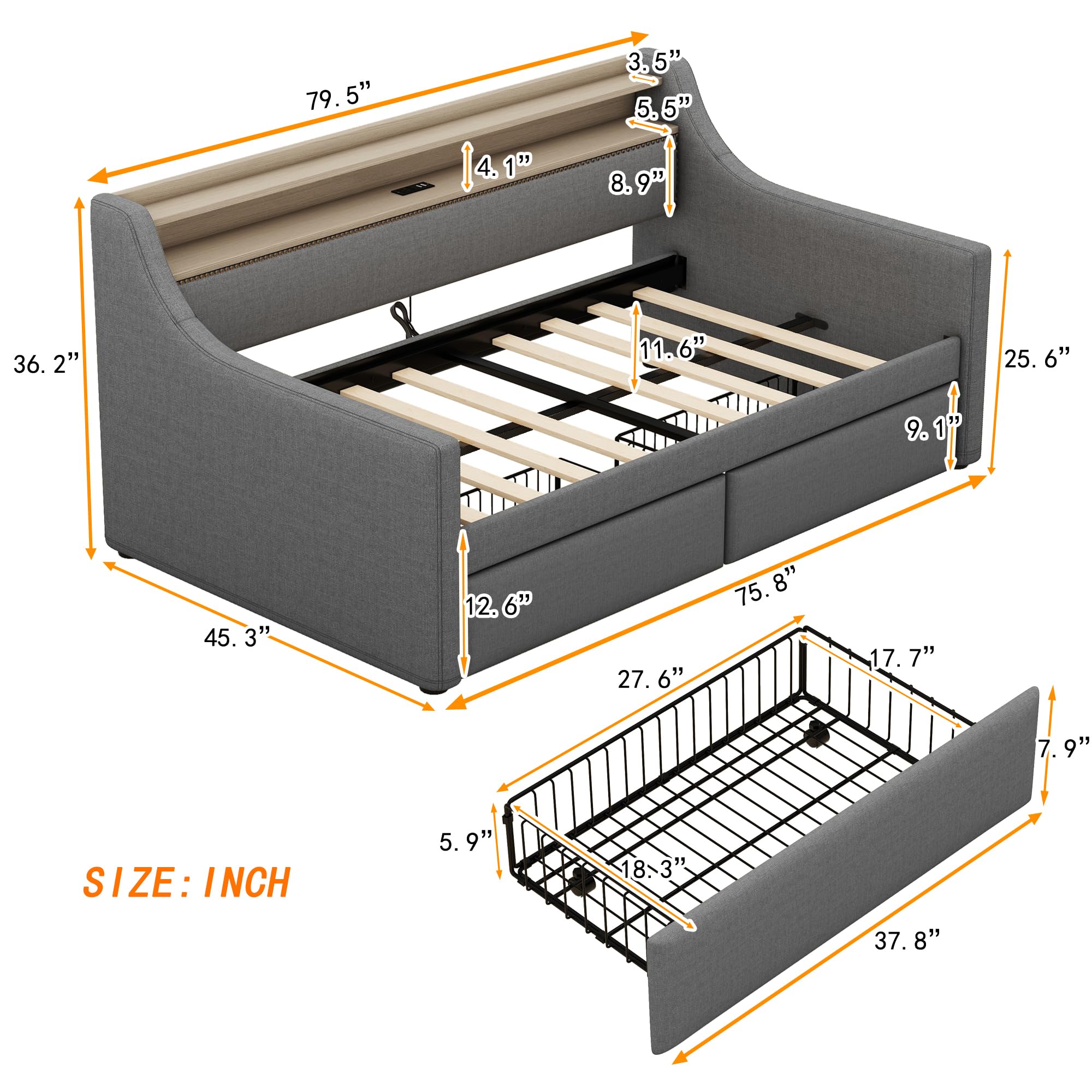 LUSPAZ Twin Size PU Leather Upholstered Daybed with 2 Storage Drawers & LED USB Headboard - Modern Sofa Bed with Wooden Slats, Easy Assembly No Box Spring Needed - Perfect for Small Spaces, Guest Rooms, Apartments & Dorm Rooms (Gray)