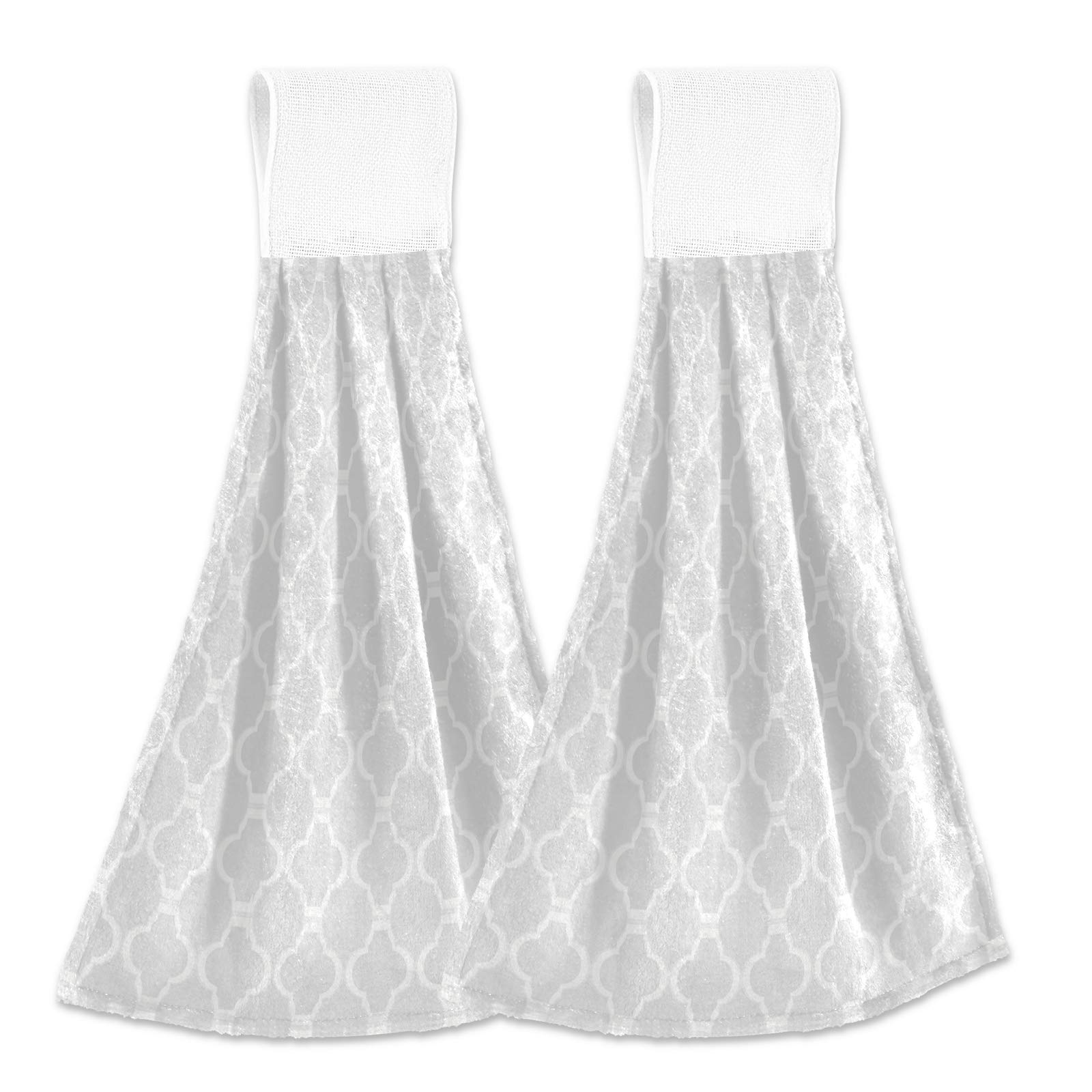 Premium Fast-Drying Moroccan Trellis Hanging Kitchen Towels Set of 2 - Light Grey Absorbent Dish Cloths for Kitchen & Bathroom | Perfect for Cooking, Cleaning, and Decor