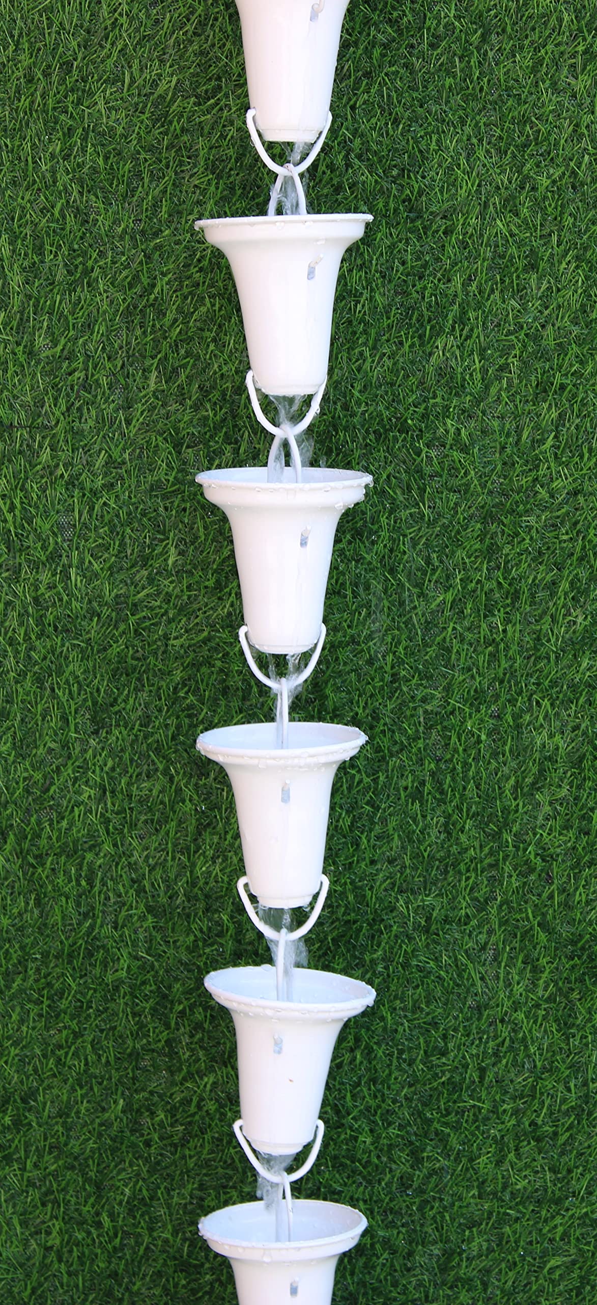 KAM Home Flared Cups Rain Chain with Brass Bolt Gutter Adapter - 10 Pack White Decorative Rainwater Diverter for Garden, Patio & Downspout Drainage System