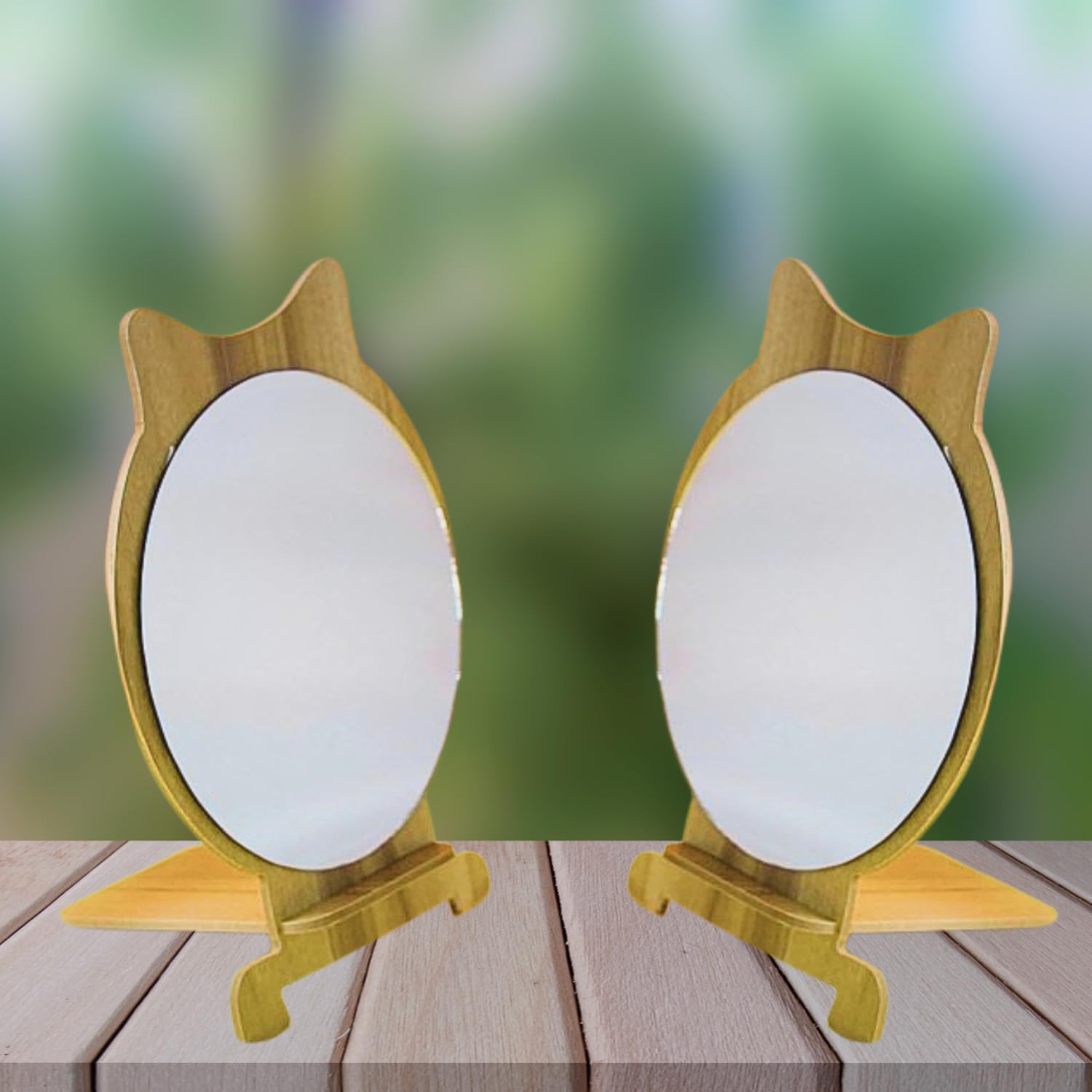 GRACIOUS MART - Wood Framed Standing Table Mirror for Makeup & Vanity - Round Desktop Mirror with Floor Mount - Perfect for Bedroom Dressing Table, Bathroom & Cosmetics Organization (Pack of 1)