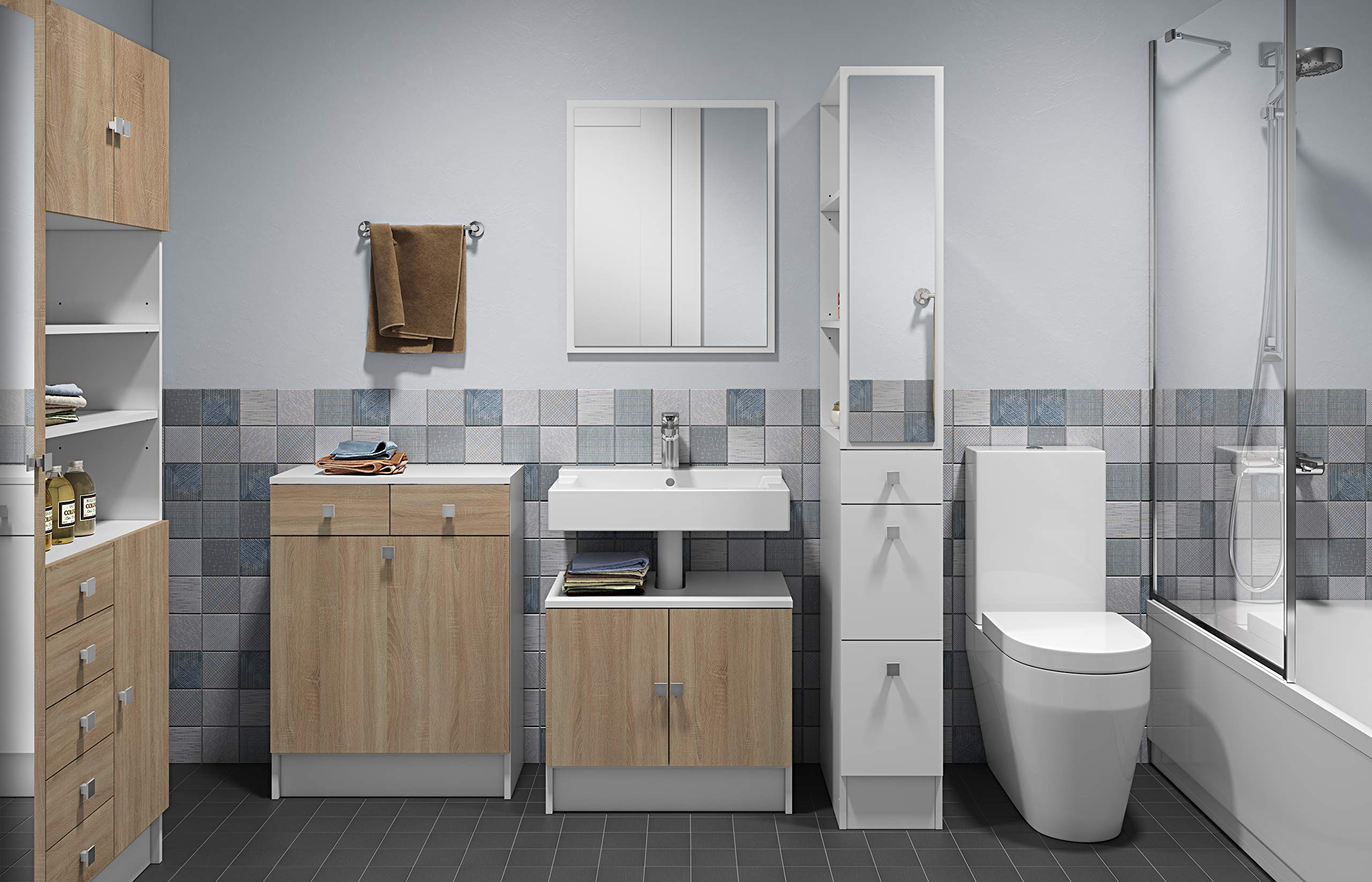 Symbiosis Bathroom Cabinet with Laundry Storage - Oak & White Finish - 60 x 81.5 x 29.6 cm - Space-Saving Bathroom Organizer for Small Spaces & Modern Homes