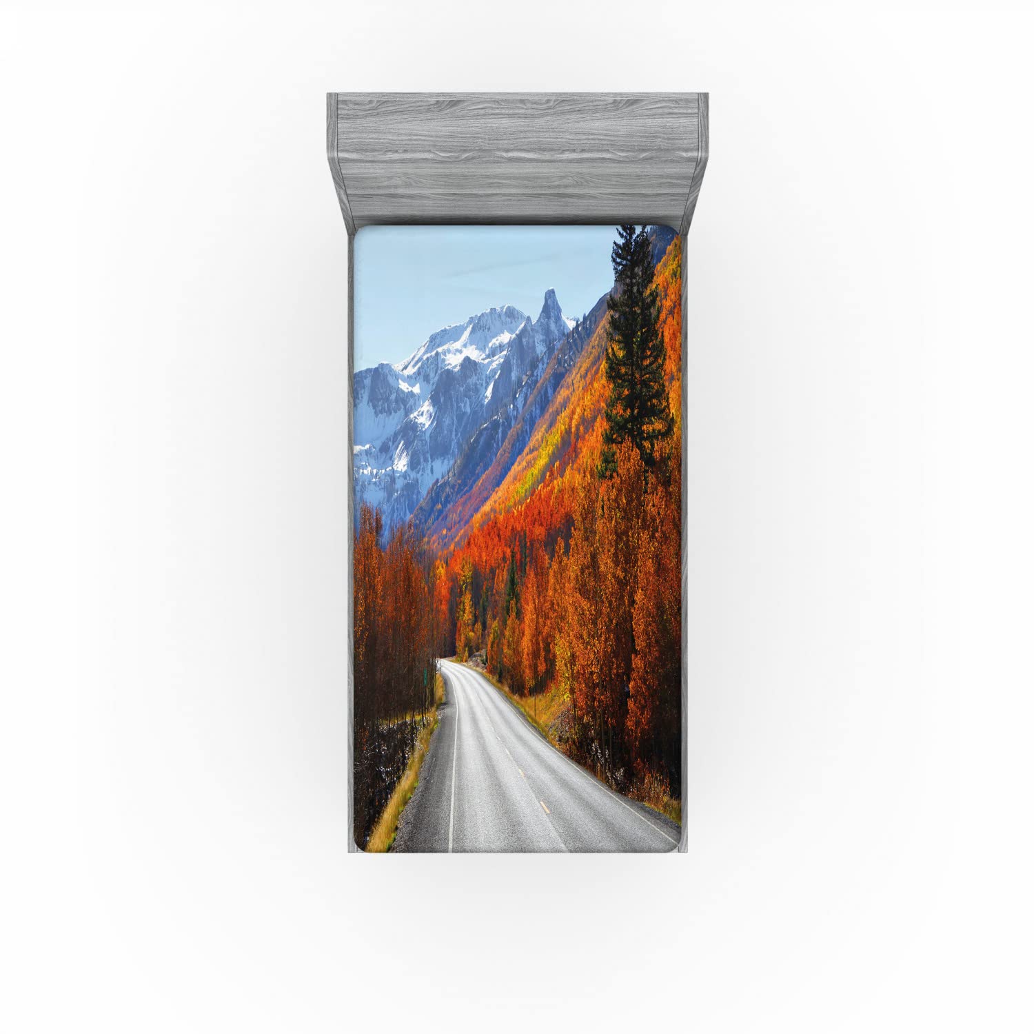 Ambesonne Fall Fitted Sheet - Twin Size Deep Pocket Bed Cover with All-Round Elastic, Scenic American Landscape with Snowy Mountains & Autumn Foliage Design | Perfect for Cozy Bedrooms, Guest Rooms & Vacation Homes