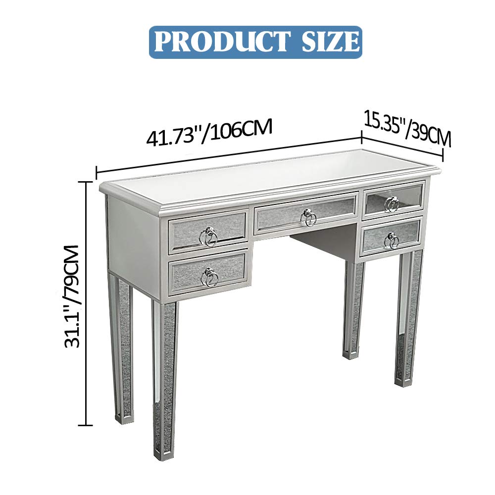 Silver Mirrored Console Table with 5 Drawers - Modern Makeup Vanity Desk & Writing Table for Bedroom, Living Room, Home Office | Perfect for Dressing, Studying, and Media Storage