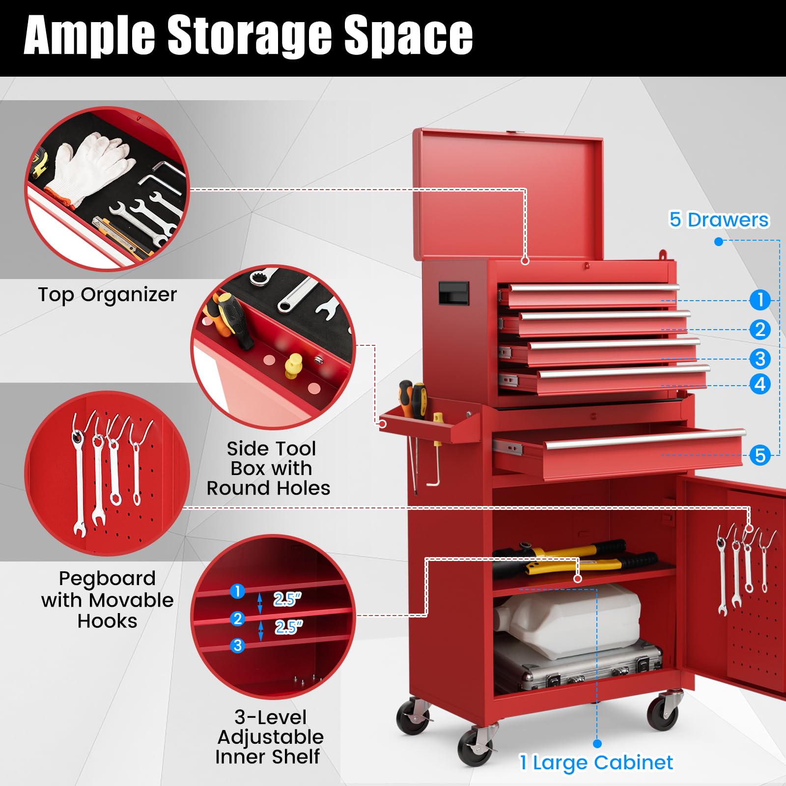 Happytools 5-Drawer Rolling Tool Chest - 2 in 1 Detachable Lockable Metal Tool Storage Cabinet with 4 Universal Wheels & Hooks | Heavy Duty Tool Box Organizer for Workshop, Garage, Repair Shop & Home Use | Perfect for DIY Projects, Auto Repair & Tool Organization (Red)