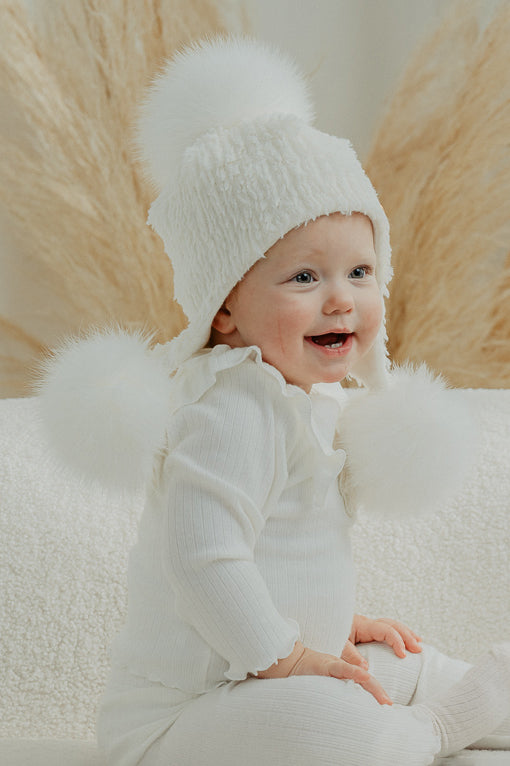 Ivory Faux Fur Winter Hat with Triple Pom Poms - Soft Warm Beanie for Women, Girls - Perfect for Snow Days, Skiing & Cold Weather Fashion