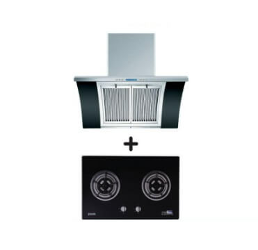 Ellane EH 2688 90cm Stainless Steel Chimney Hood with Arch Glass & WG 2SV 80cm 2-Burner Glass Gas Hob - Modern Kitchen Ventilation and Cooking Solution for Home Chefs