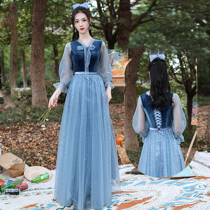 Elegant Blue Tulle Velvet Bridesmaid Dress - Long Formal Evening Gown for Weddings, Prom & Special Occasions | Plus Size 525