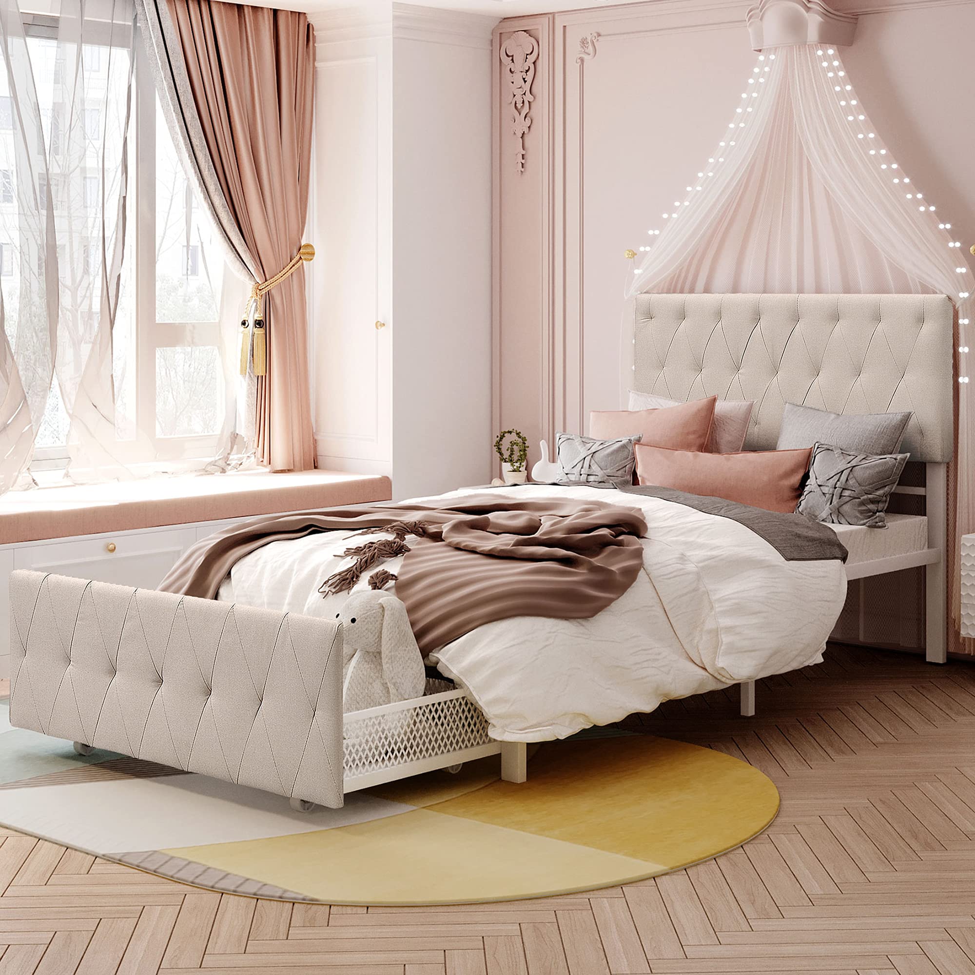 Twin Size Platform Bed with Storage Drawers & Upholstered Headboard - Metal Frame Bed for Bedroom, Guest Room & Small Spaces | Modern Minimalist Design with Underbed Storage Solution