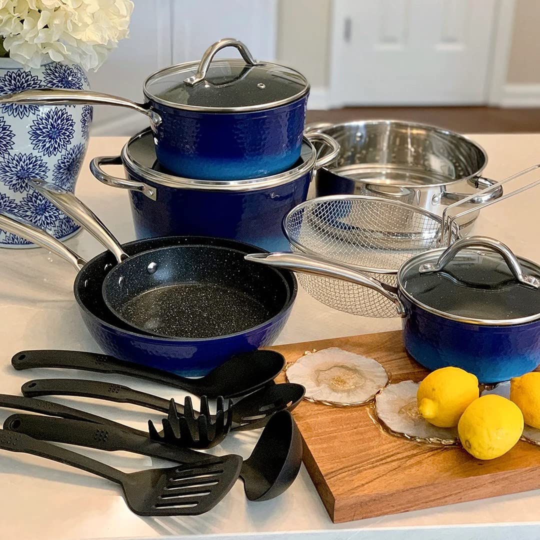 MAISON ARTS 15-Piece Nonstick Cookware Set - Granite Hammered Pots & Pans for Induction, Dishwasher, Oven & Stovetop (Blue) | Perfect for Home Cooking, Meal Prep & Professional Chefs