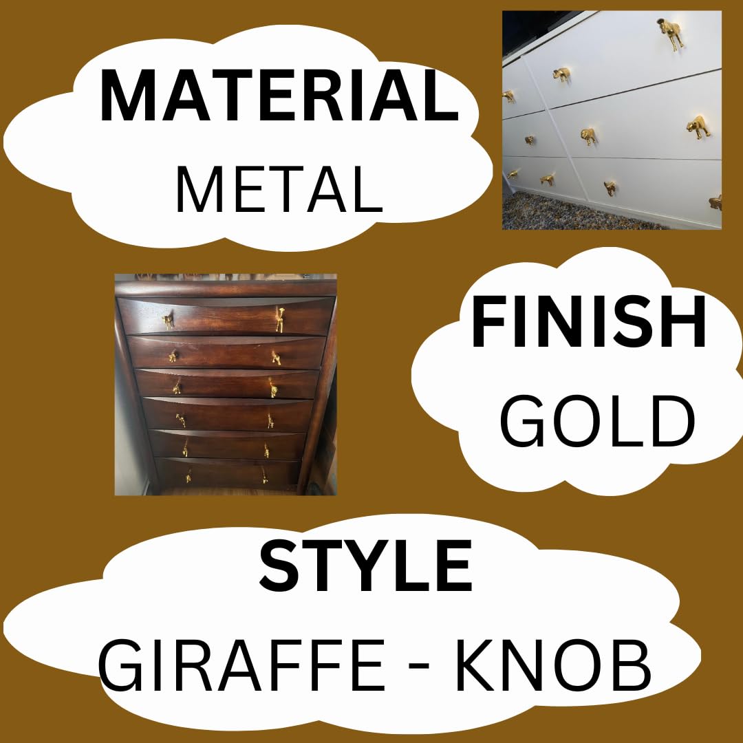 Gold Safari Animal Iron Metal Drawer Knobs - Giraffe Design Cabinet Pulls for Dresser, Wardrobe & Furniture (Set of 6) - Perfect for Kids Room, Nursery & Jungle-Themed Decor