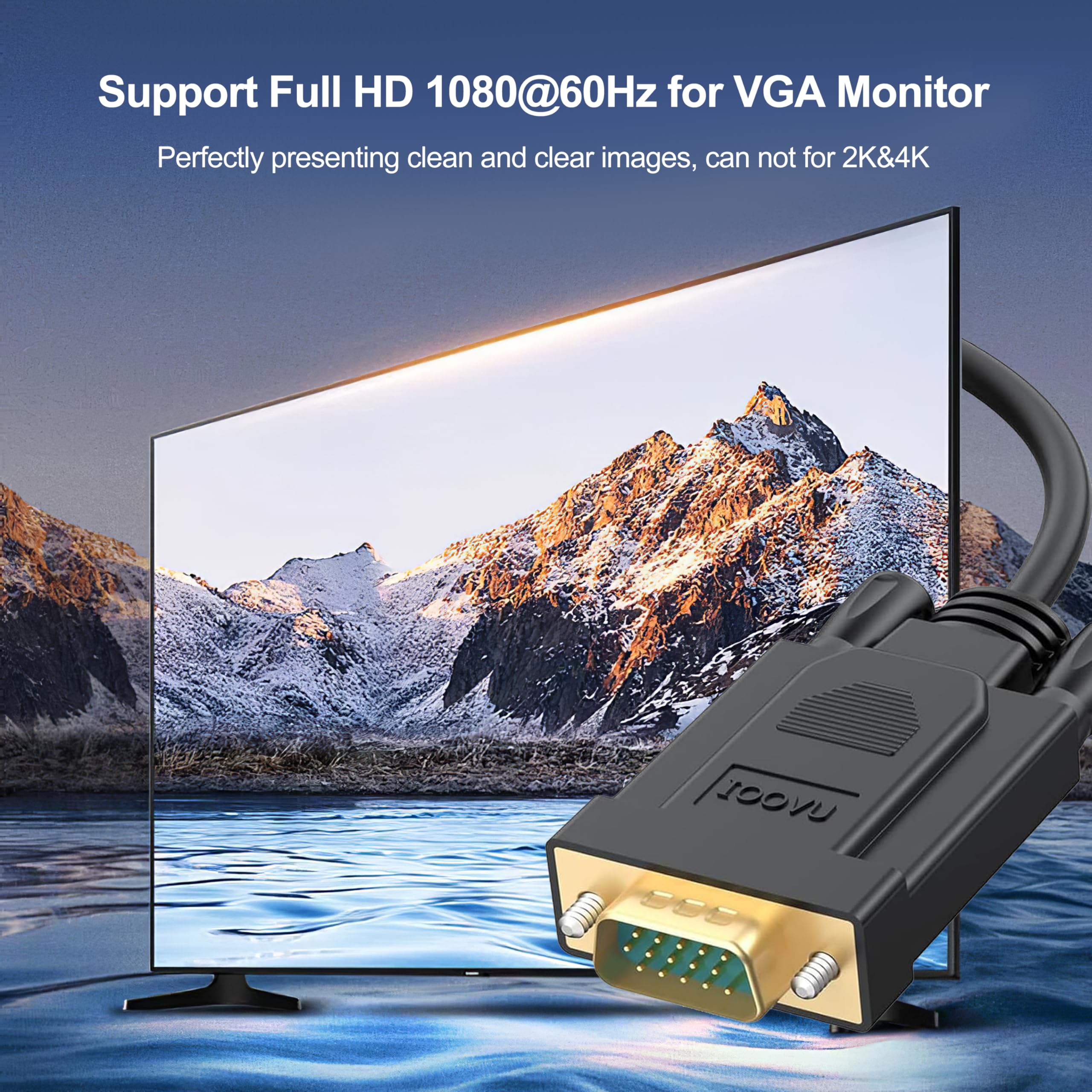 HDMI to VGA Cable 3FT, Male to Male Adapter for Raspberry Pi, Roku, PC, Laptop, Monitor, Projector, HDTV - Ideal for Home Office, Classroom, and Conference Room Setups