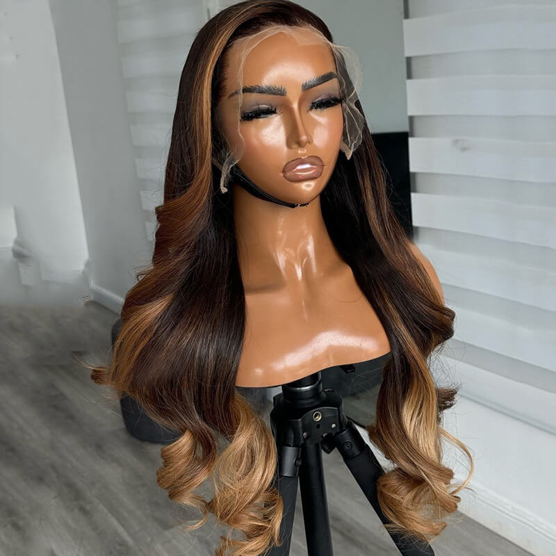 Eullair Skunk Stripe Brown with Honey Blonde Highlights Lace Front Human Hair Wig - Body Wave Curling Iron Styled Lace Wig for Black Women (EW013) - Perfect for Daily Wear, Parties & Special Occasions
